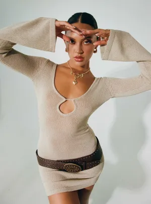 Wrinkle Free Fabric Casual Design Balart Long Sleeve Mini Dress Beige