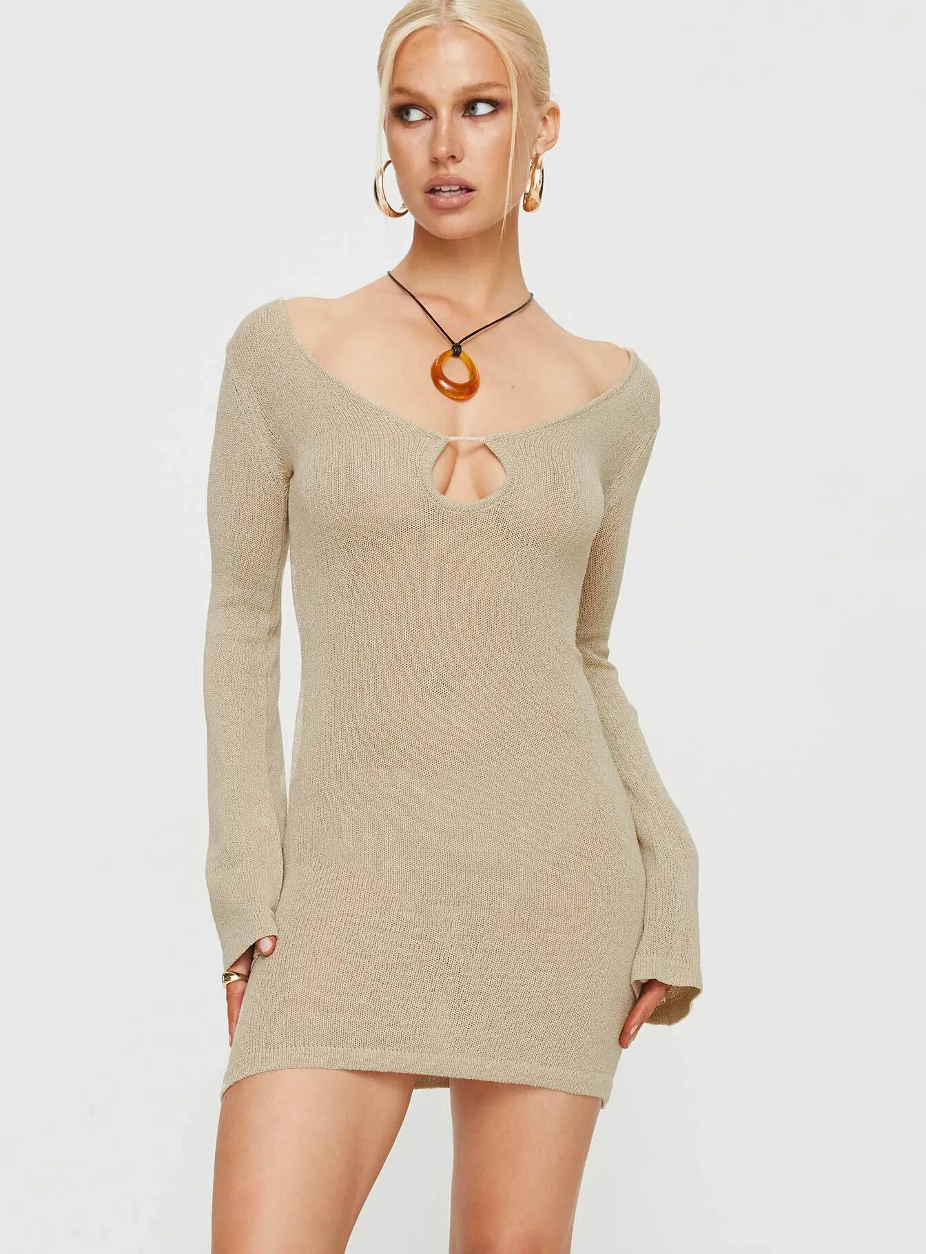 Balart Long Sleeve Mini Dress Beige Cozy Style Wear Urban Fashion