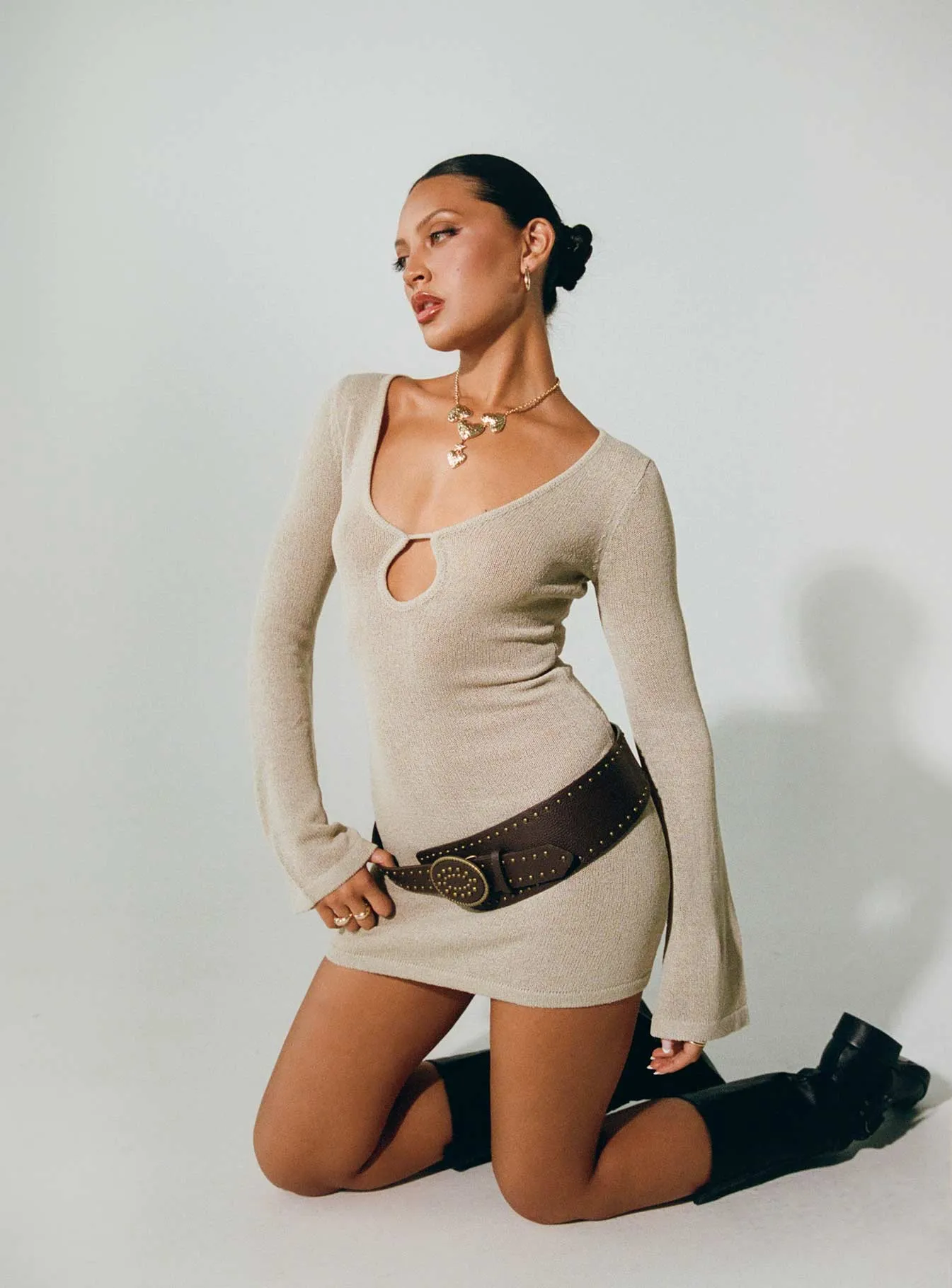 Balart Long Sleeve Mini Dress Beige Trend Star Star Look