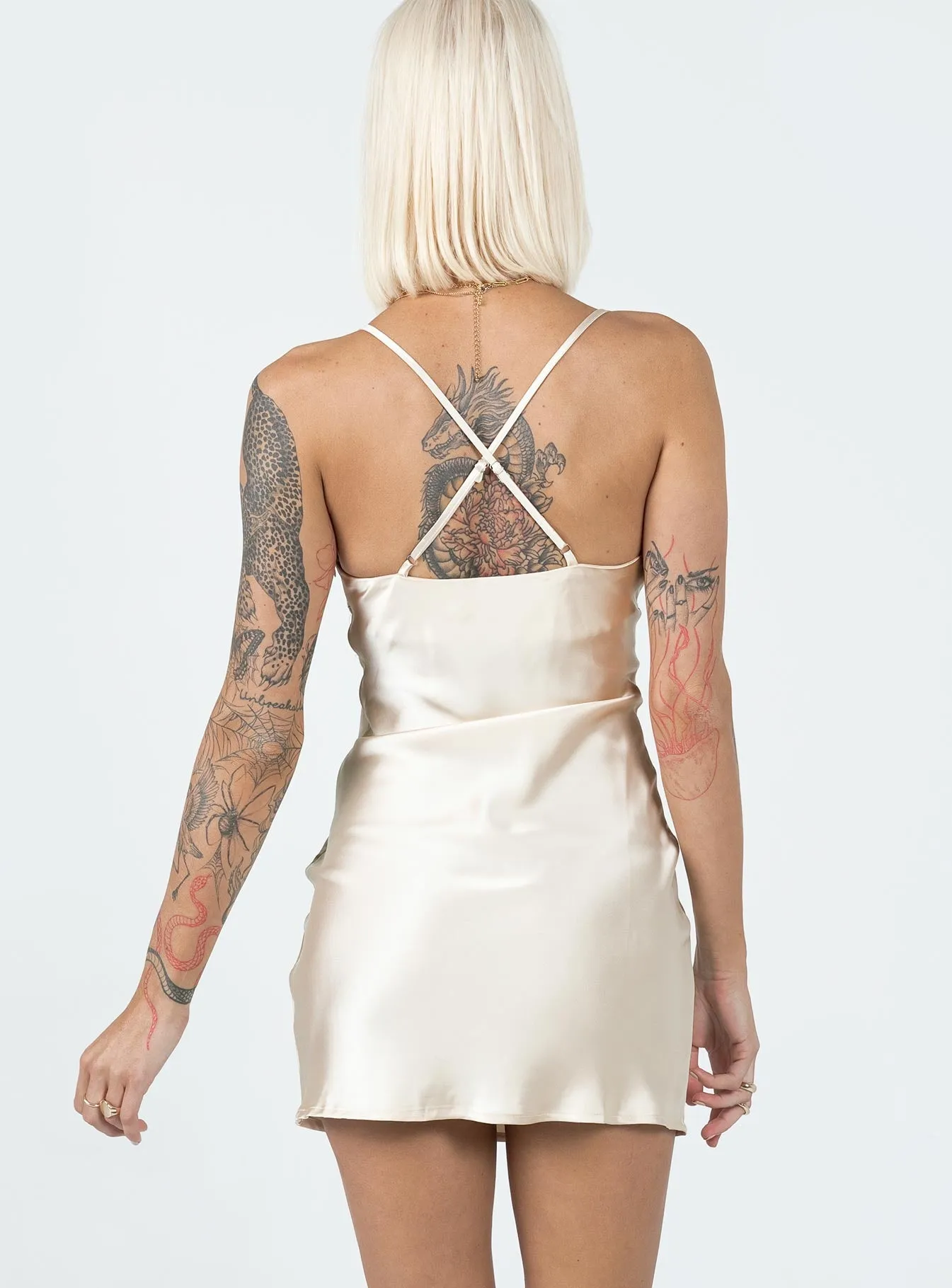 Hadleigh Mini Dress Champagne Elegant formal mini gown Flowy Design