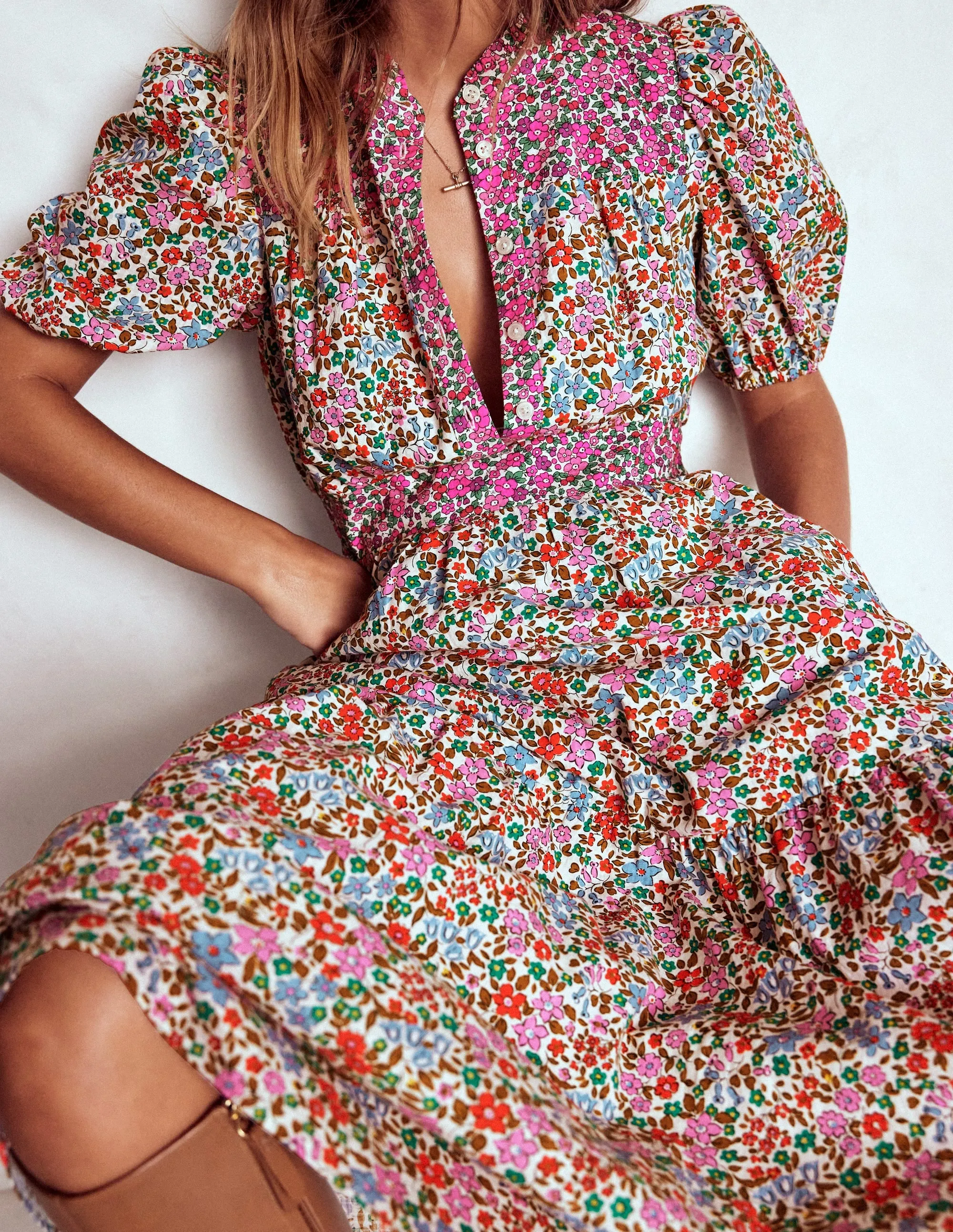 Soft draping fabric dress Busy Mom Beatrice Cotton Midi Dress-Multi, Flowerbed Cluster