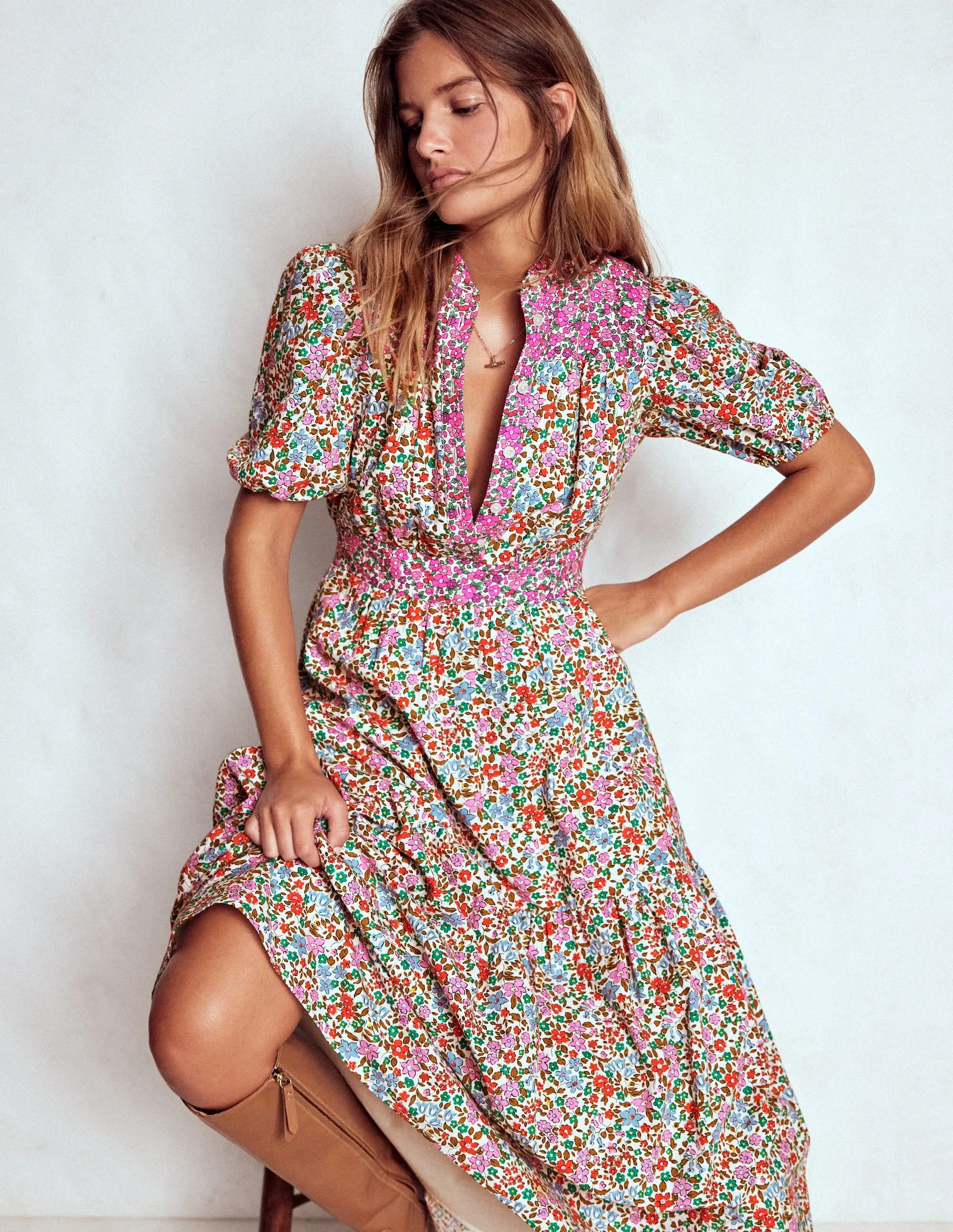 Gallery Tour Comfy Smart Beatrice Cotton Midi Dress-Multi, Flowerbed Cluster