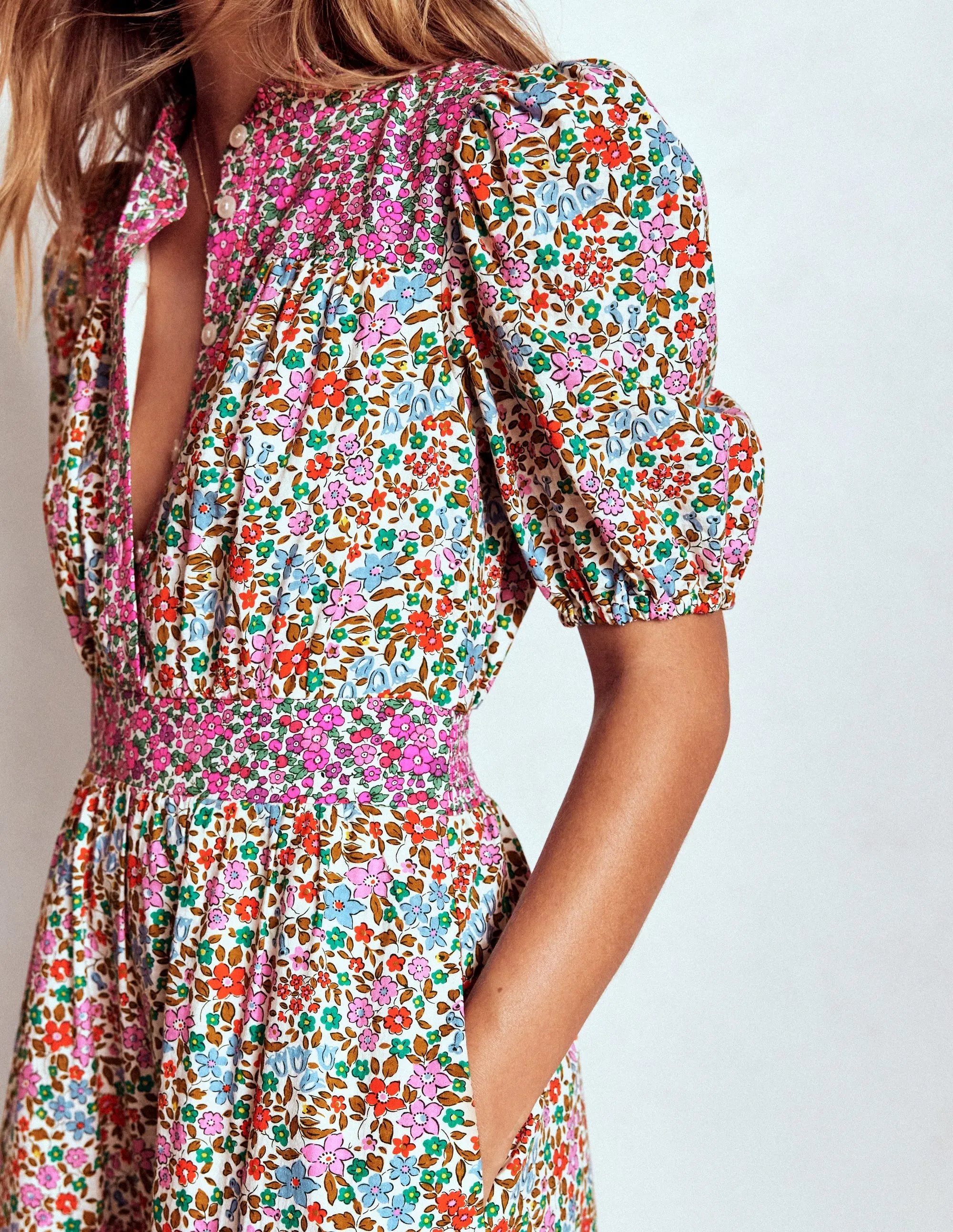 Beatrice Cotton Midi Dress-Multi, Flowerbed Cluster Workday Cool