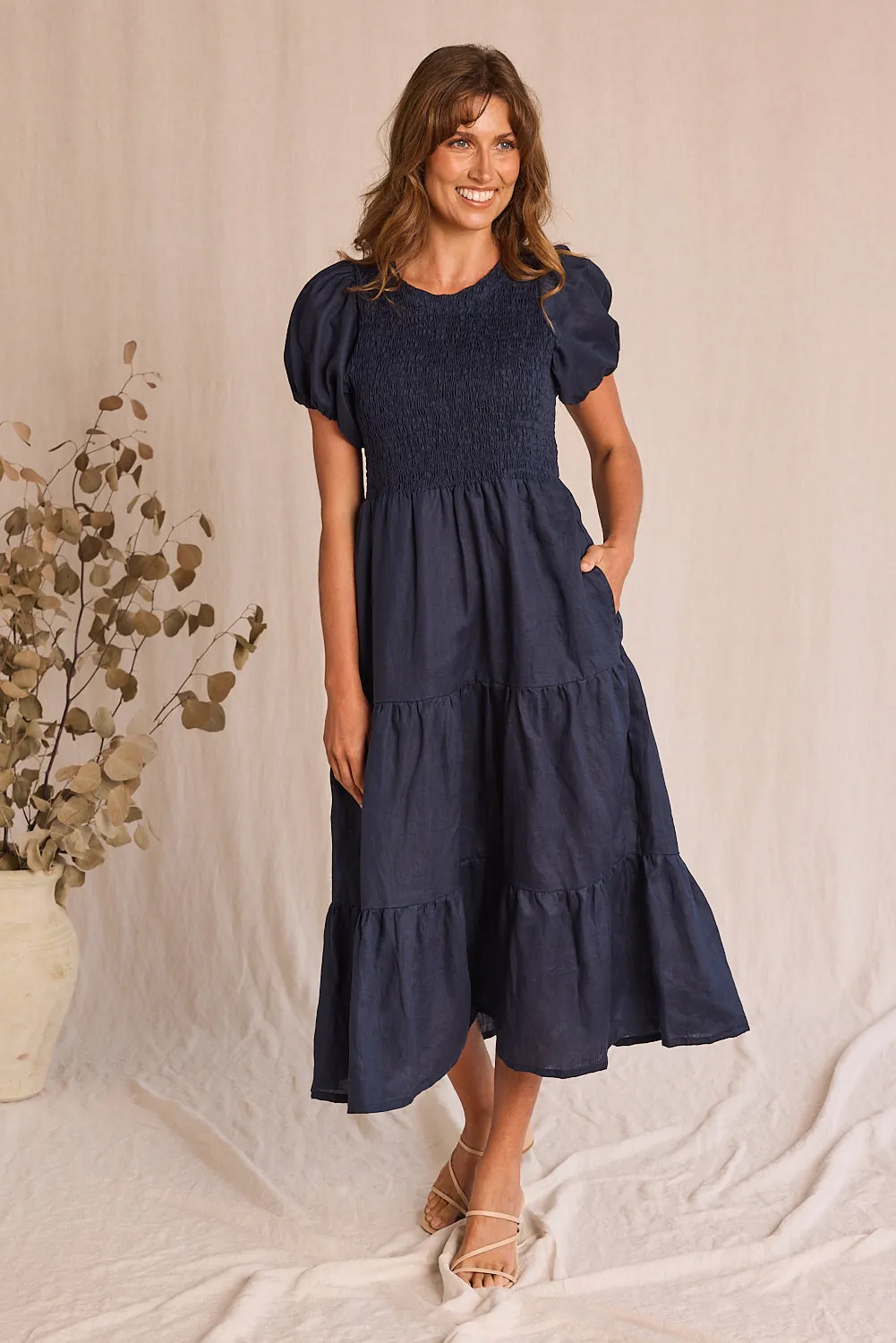 Minden Linen Shirred Short Sleeve Dress in Navy Sleek Fashion Sea View