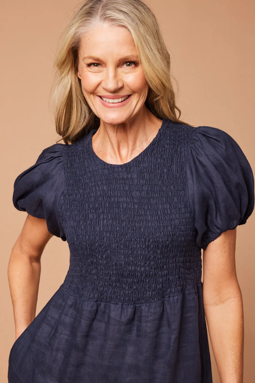 Minden Linen Shirred Short Sleeve Dress in Navy Bohemian-inspired midi Daily Comfort