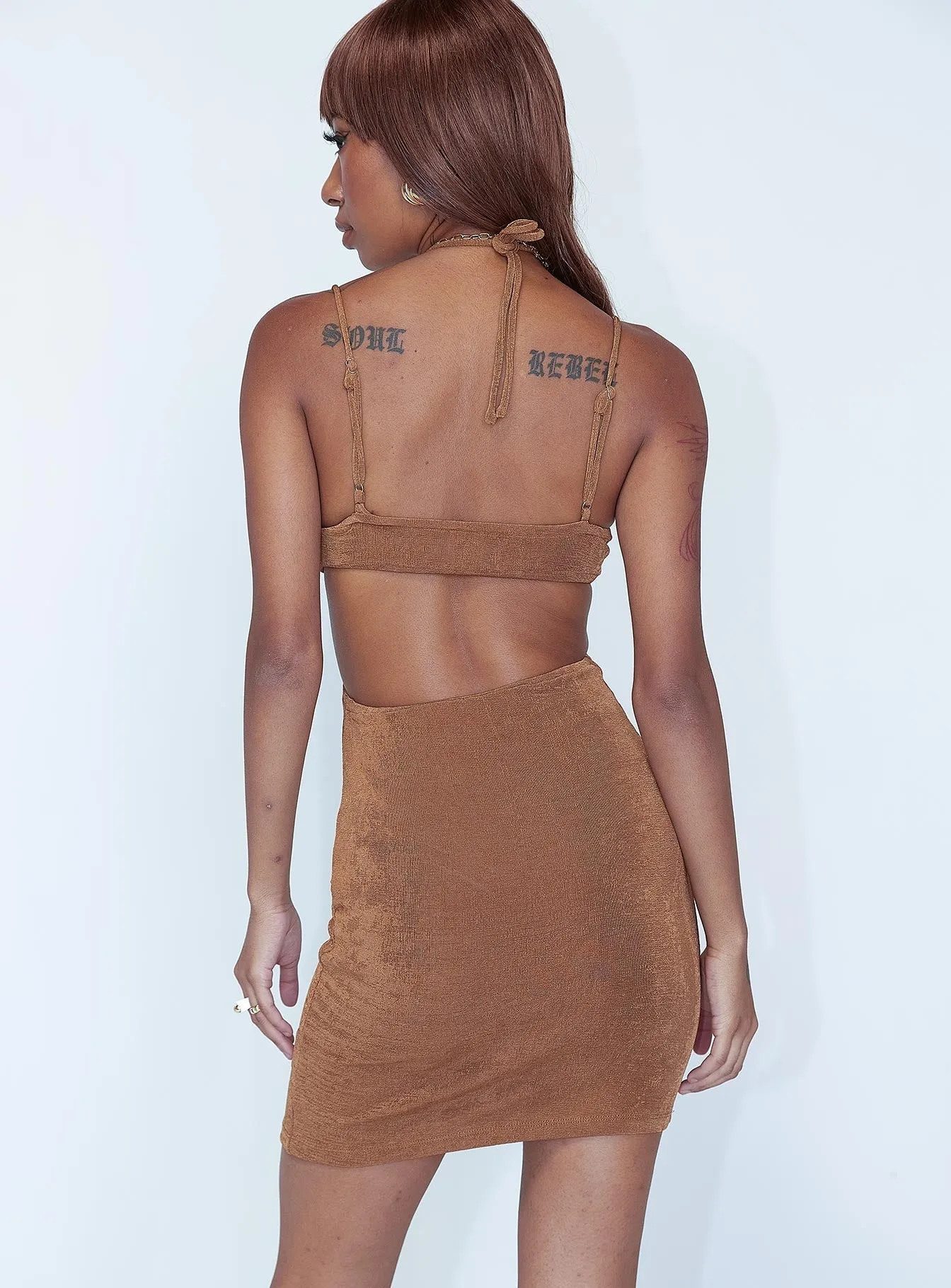 Eliana Mini Dress Brown Reinforced Stitching