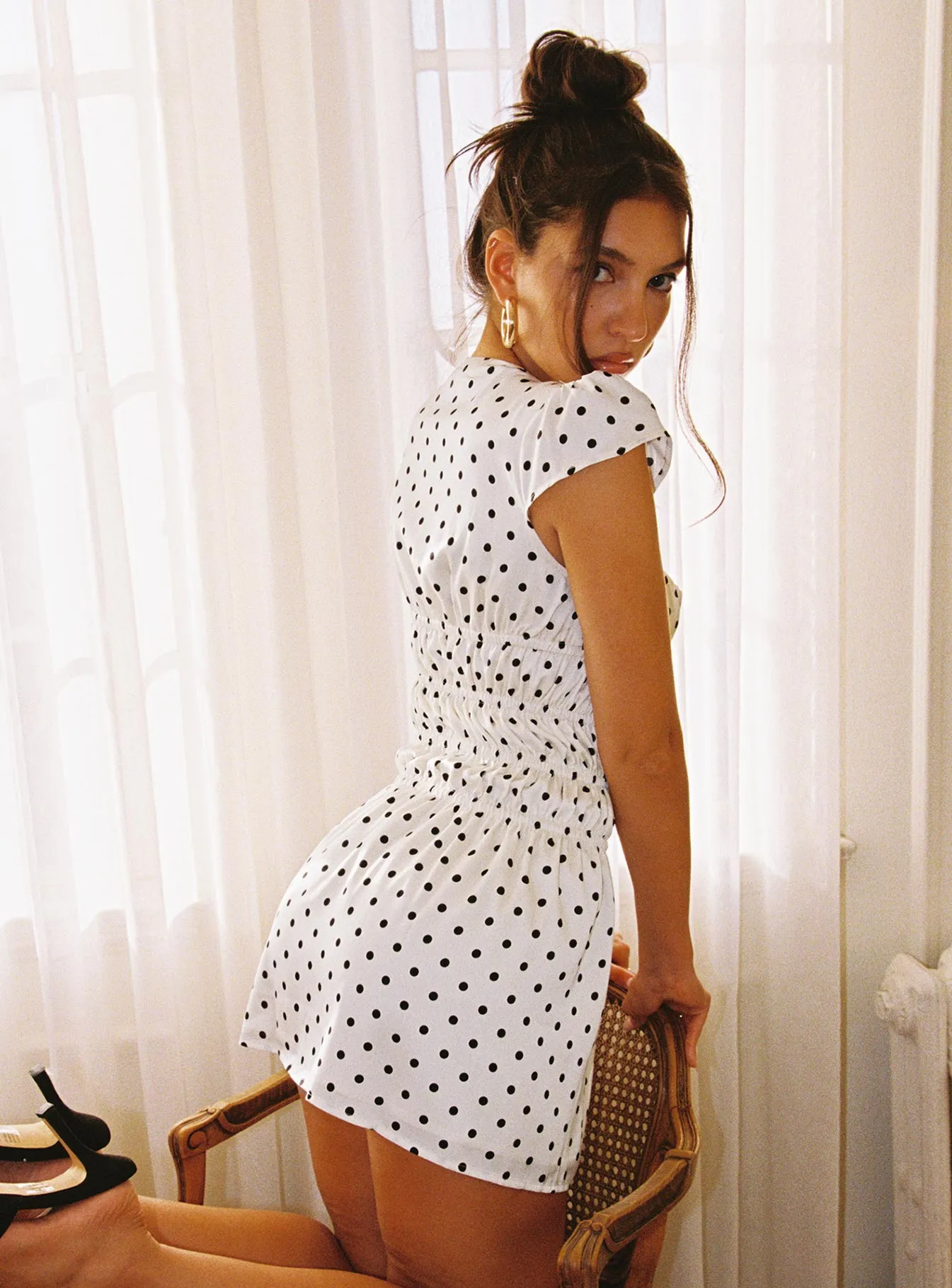 Evangelie Ruched Mini Dress White Polka Flattering mini dress for all shapes Reinforced Elbows