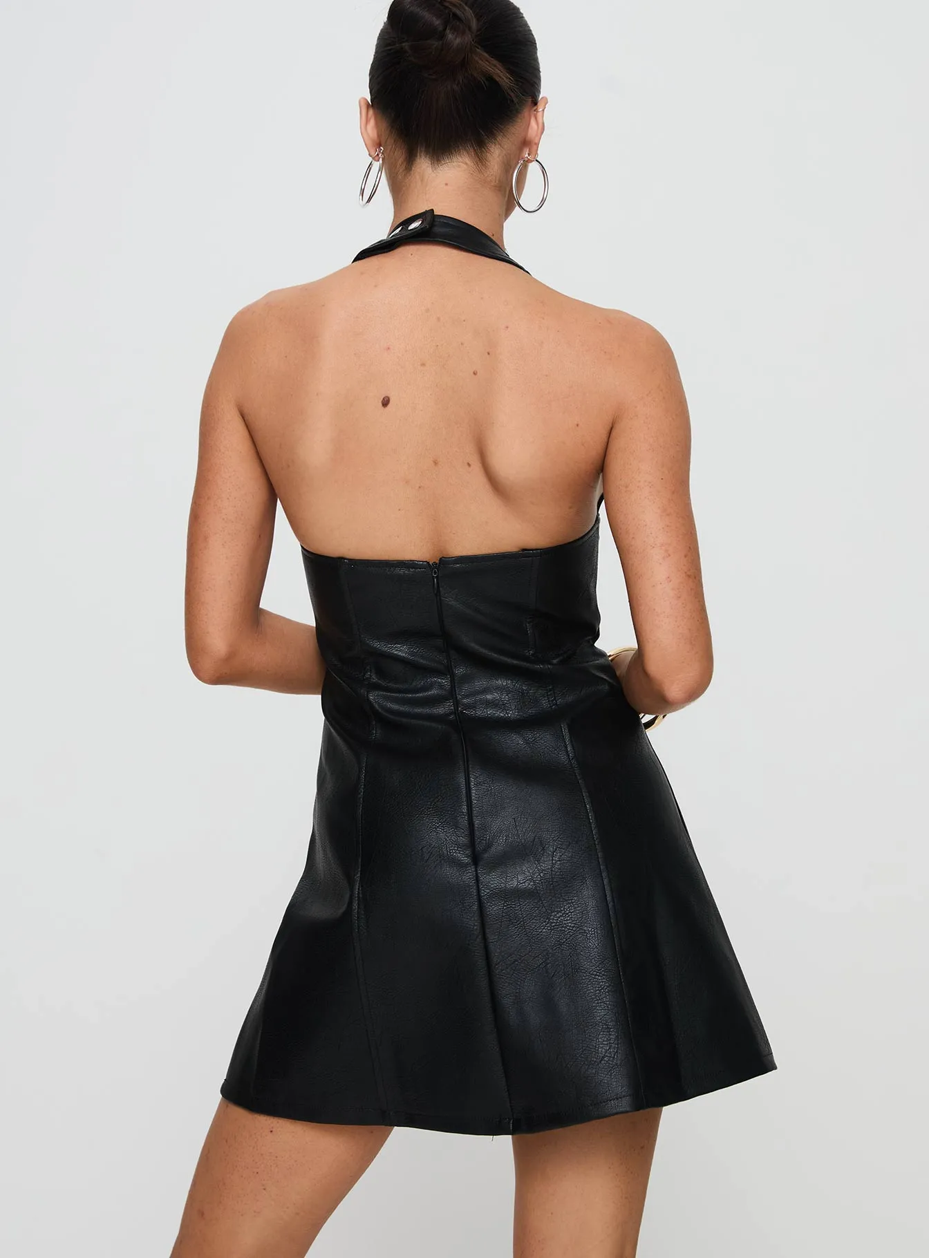 Stretch Fit Design Hit Different Faux Leather Mini Dress Black