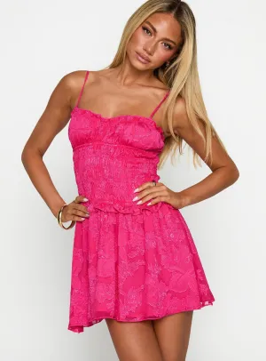 Bright patterned mini for spring Karmic Shirred Mini Dress Magenta