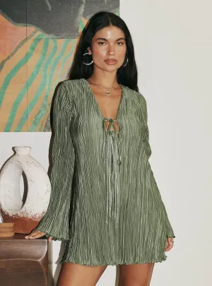 Simple Style Look Smart Casual Style Malop Long Sleeve Mini Dress Sage