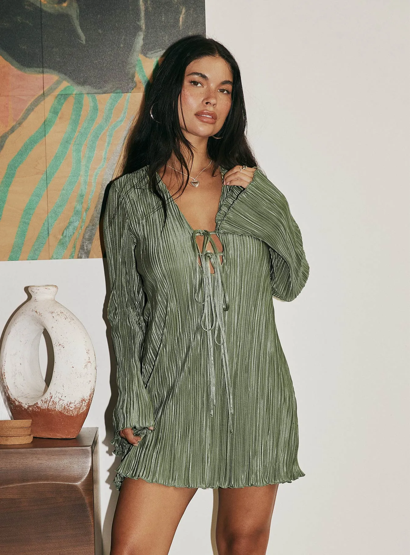 Malop Long Sleeve Mini Dress Sage Shake Ready