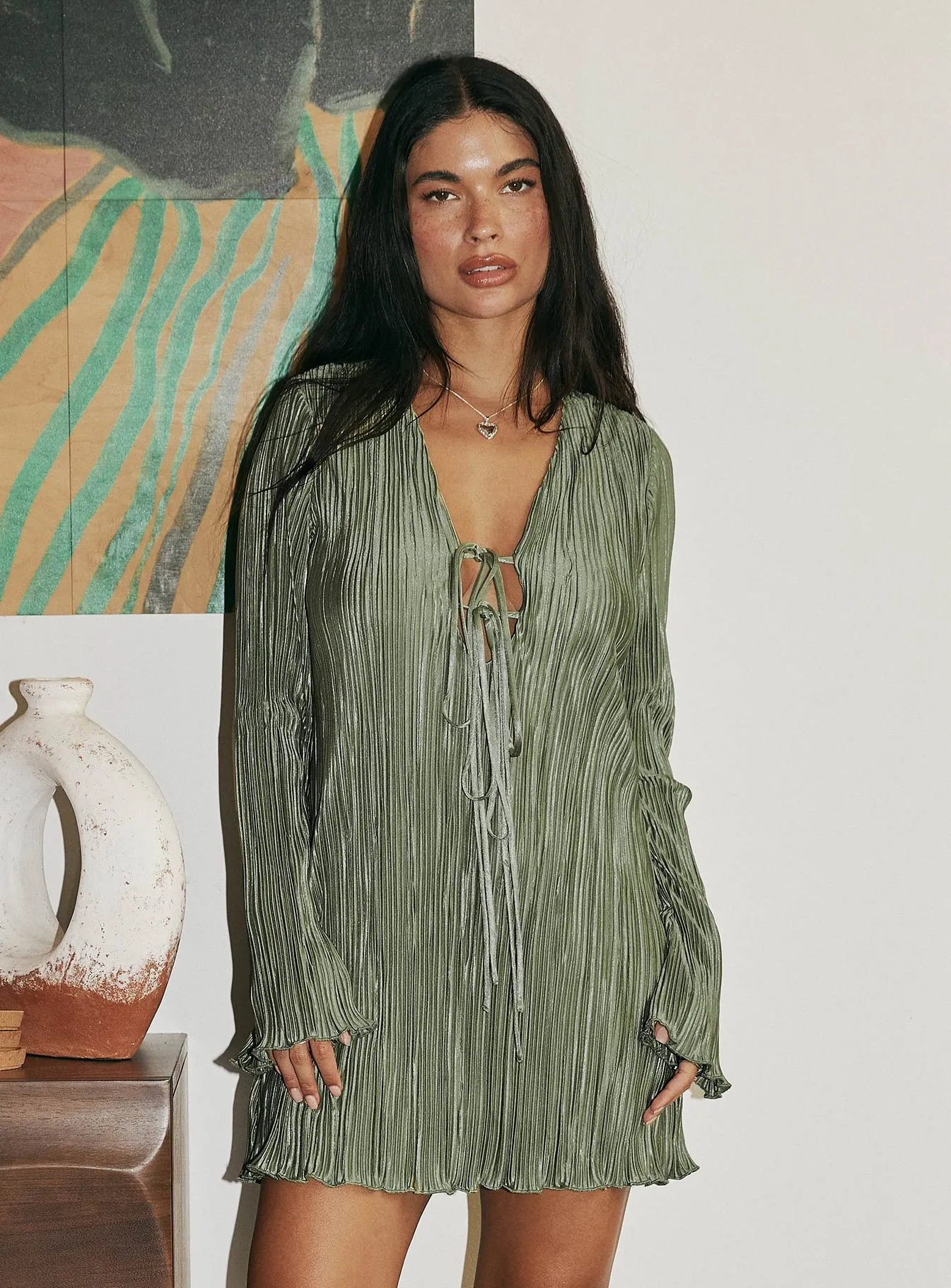 Malop Long Sleeve Mini Dress Sage Charming Fashion