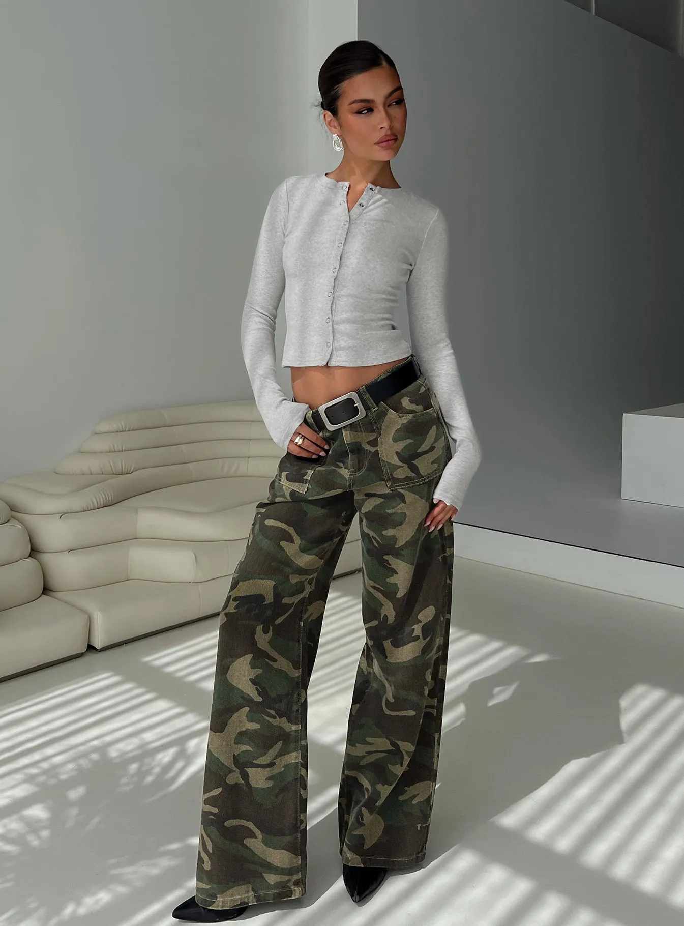 Holiday Vibes Stretch Rainy Day Brunch Outfit Briony Mid Rise Wide Leg Jeans Camouflage