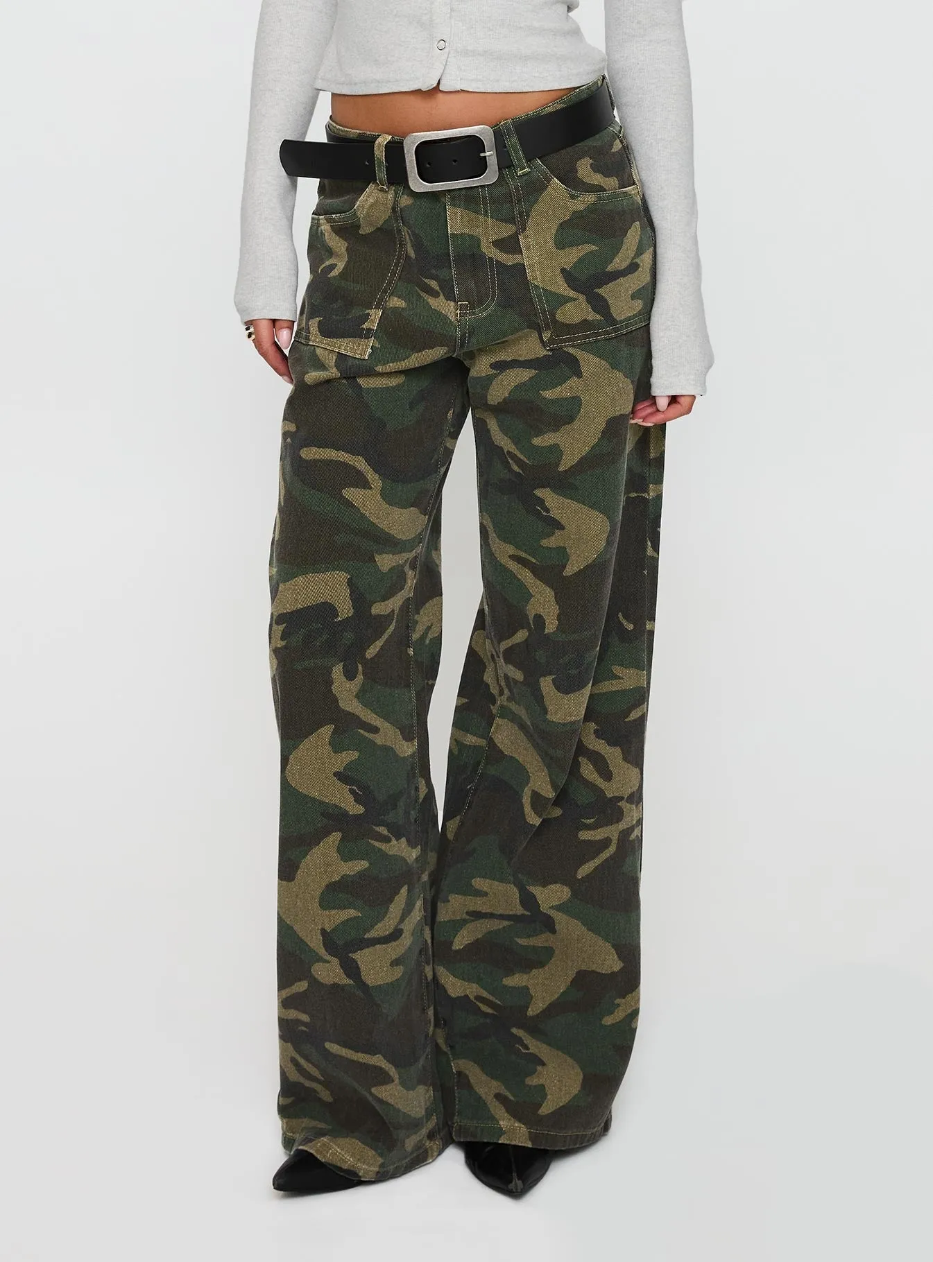 Briony Mid Rise Wide Leg Jeans Camouflage Blended Style Durable Weave