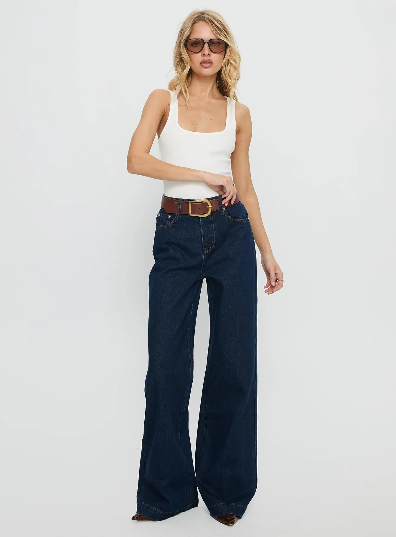 Flexible Match Everyday Loose Music Event Goldie High Rise Wide Leg Jeans Indigo