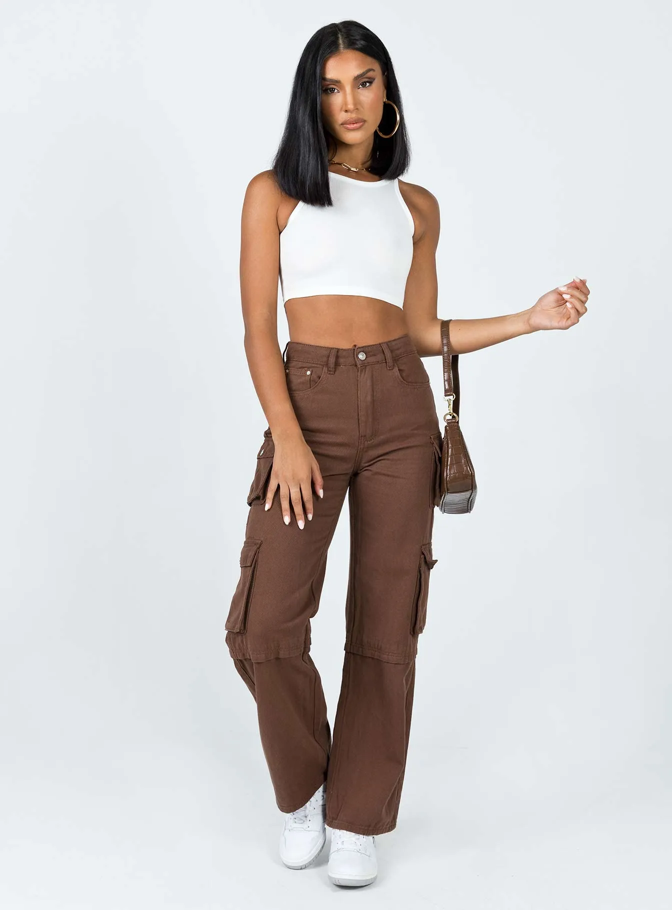Durable Minimalist Style Party Look Darla Cargo Denim Jeans Brown