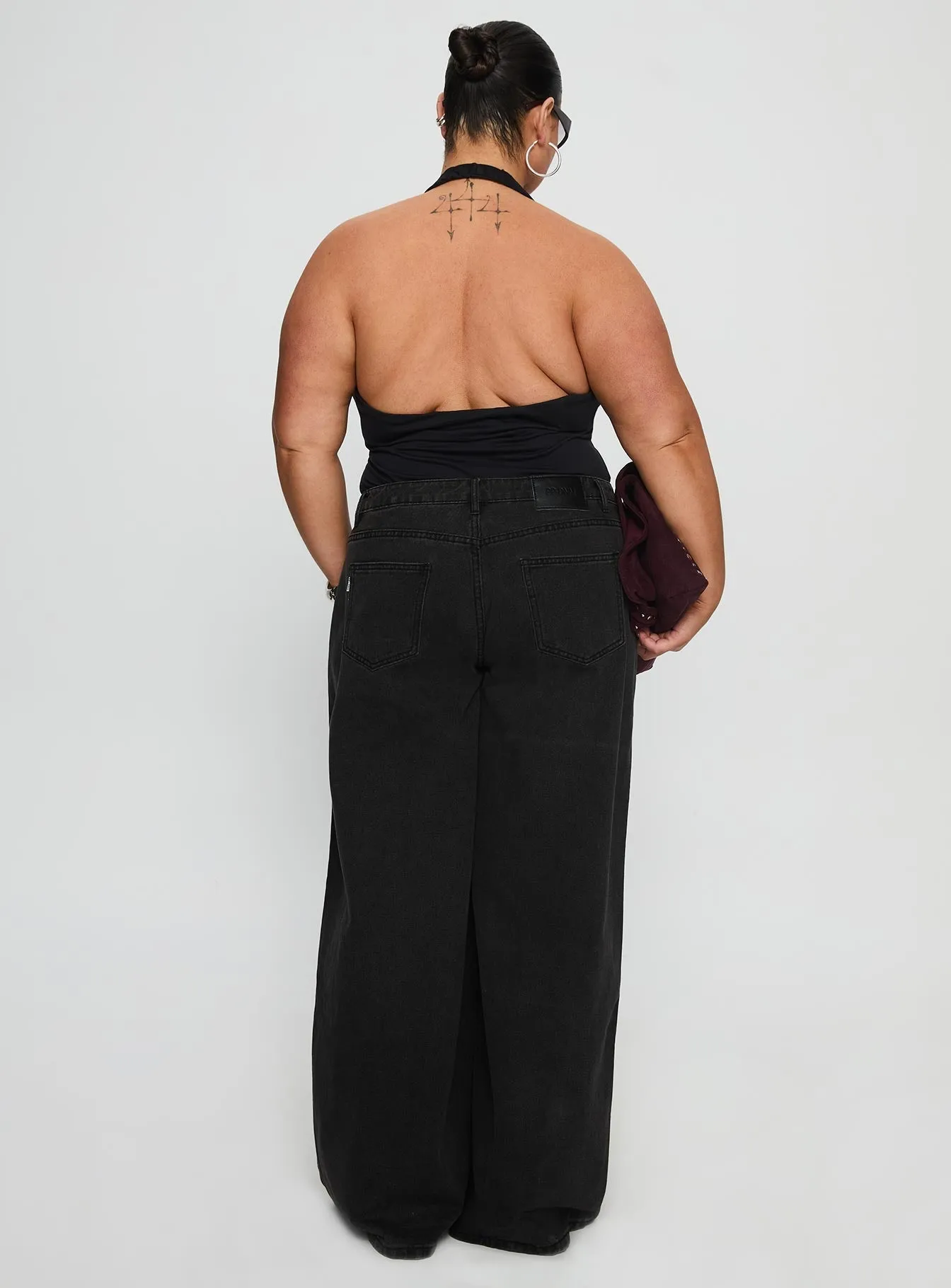Ramos Low Rise Wide Leg Jeans Washed Black Curve Family Style Gym Ready Daily Wear Adjustable Waist