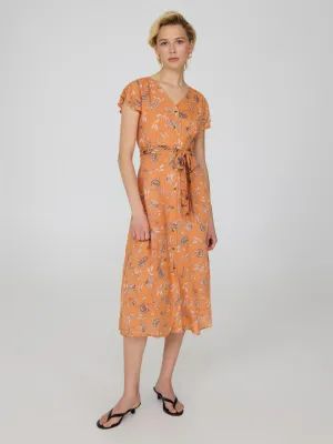 Printed Flutter Sleeve Button-Front Midi Dress Elegant Look Comfy Elegance