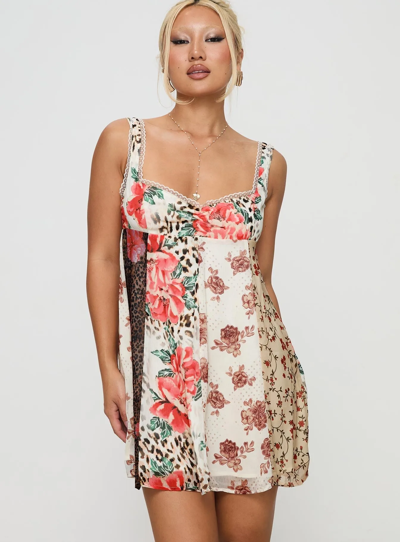 Glow Beat Layered silhouette Botanicals Patchwork Mini Dress Multi