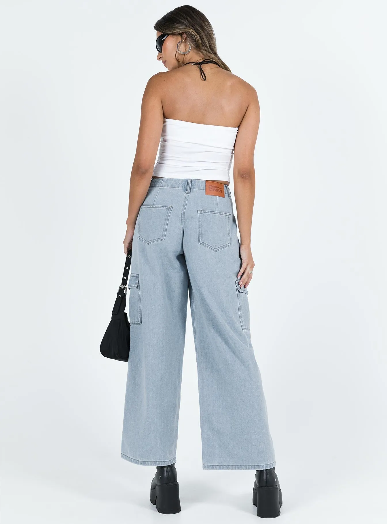 Mid Rise Adrianne Wide Leg Cargo Jeans Light Wash Denim