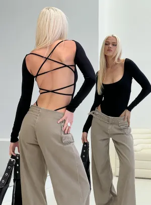 All Tied Up Long Sleeve Bodysuit Black Charming Urban Fancy Home