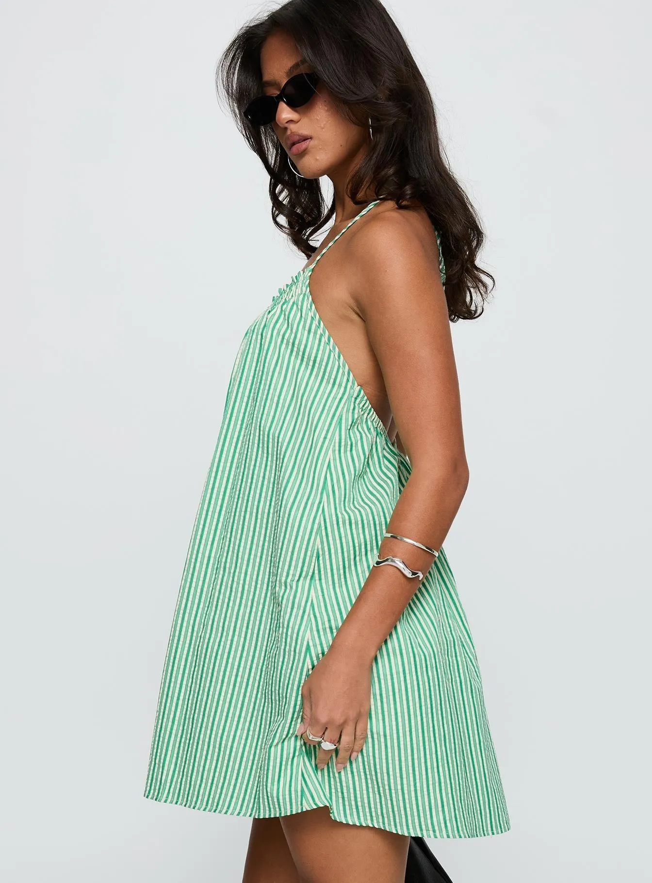 Winx Halter Mini Dress Green Stripe Adjustable Shoulder Straps Vibrant color