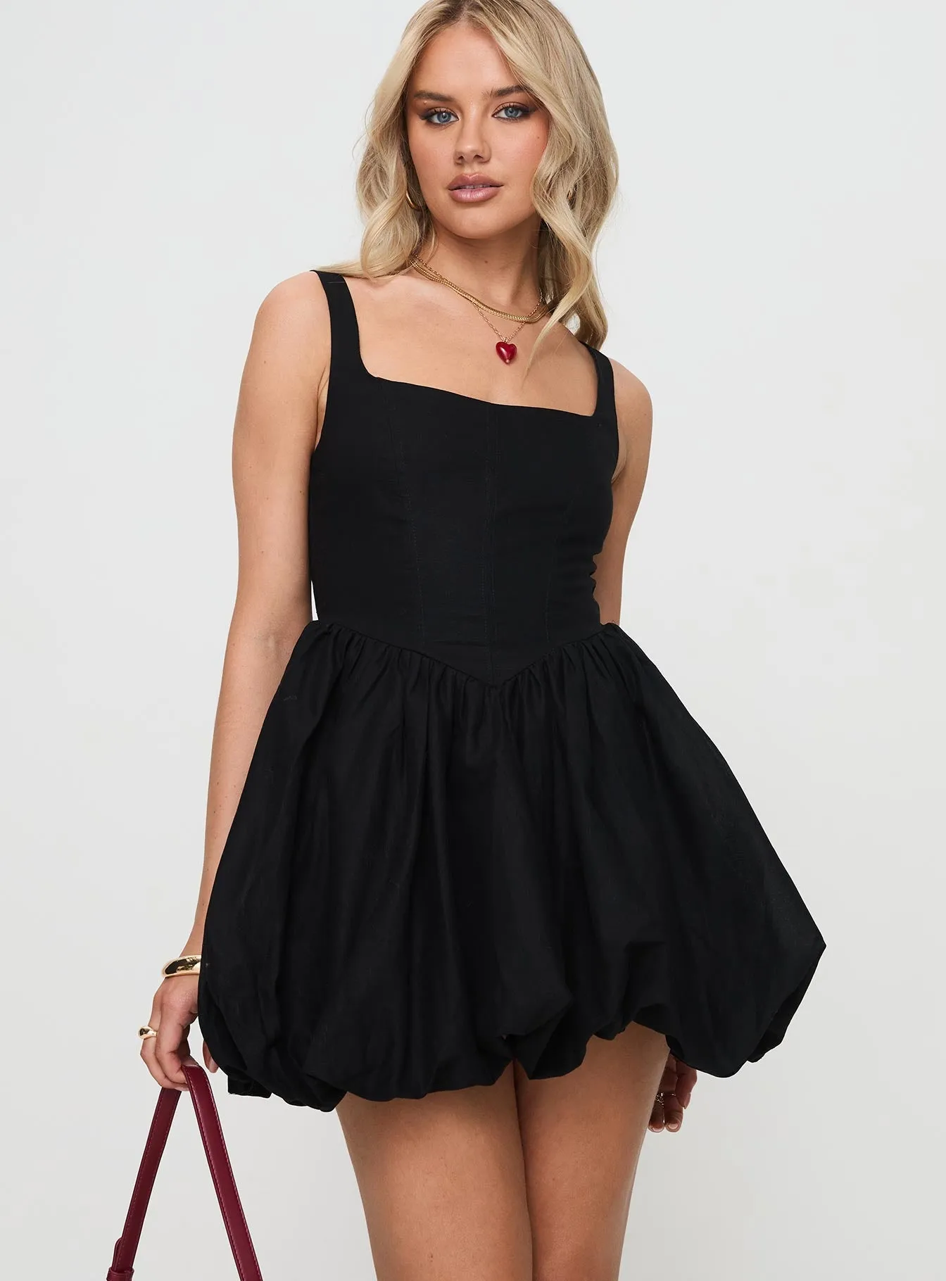 Alcott Bubble Hem Mini Dress Black Breathable Material