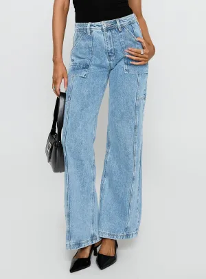 Road Trip Affordable Modern Straight Leg Chad Cargo High Rise Wide Leg Jeans Mid Wash