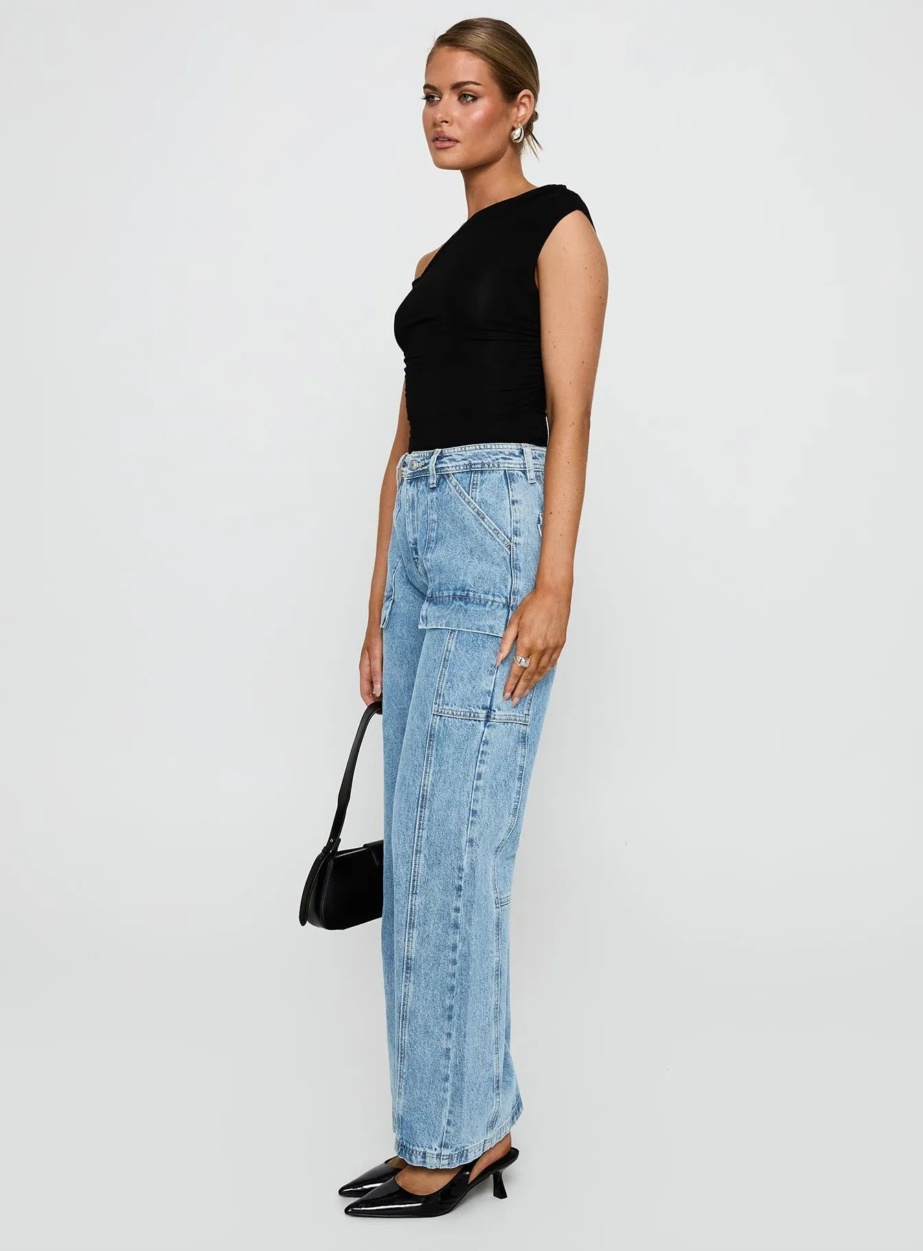 Common Wear Chad Cargo High Rise Wide Leg Jeans Mid Wash