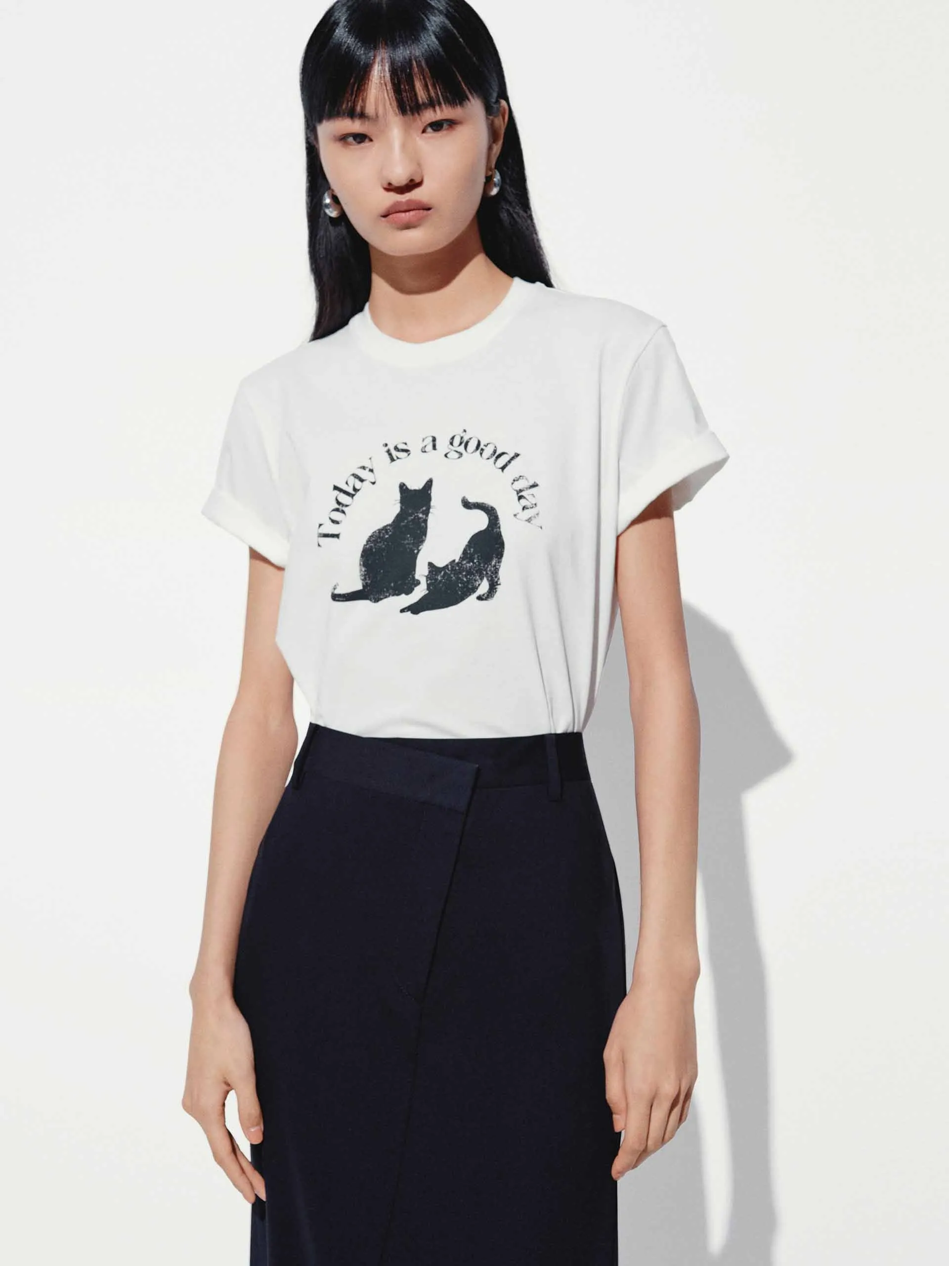 Everyday Casual Easy Wear Front Cat Print Cotton T-shirt