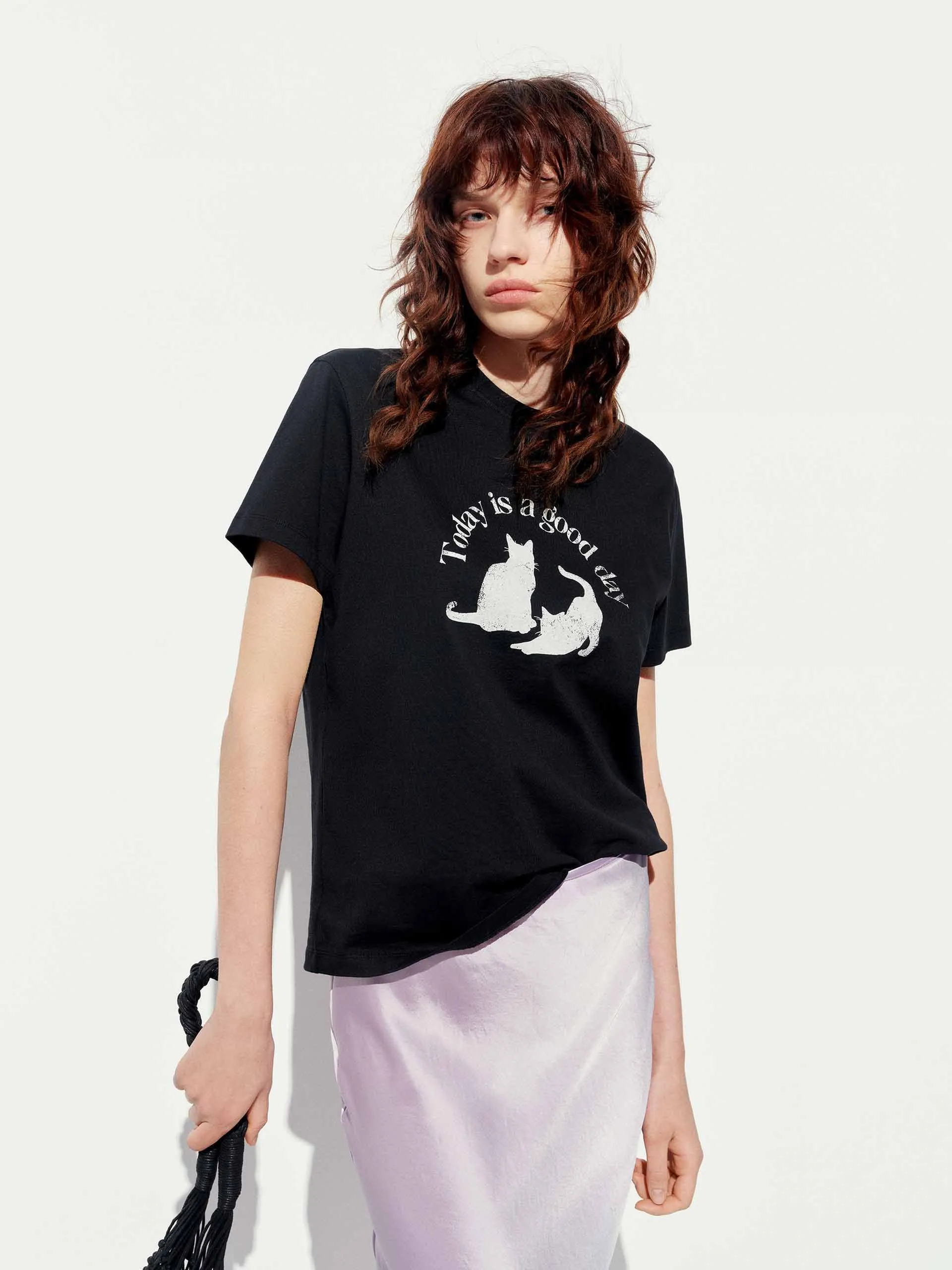 Quick Dry Fabric Front Cat Print Cotton T-shirt