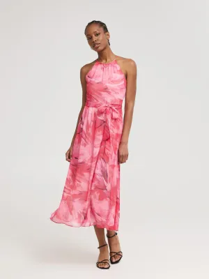 Feather Print Halter Chiffon Dress Trendy and Timeless