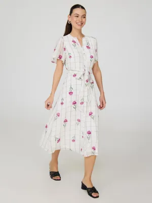 Soft fabric knee-length dress Fashion Forward Floral Split Neck Chiffon Midi Dress
