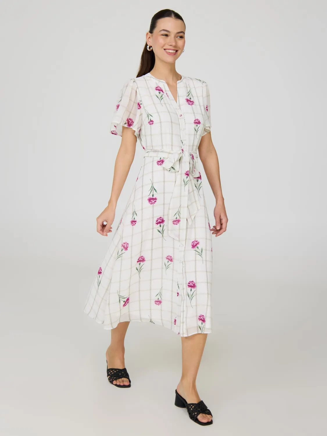 Soft fabric knee-length dress Fashion Forward Floral Split Neck Chiffon Midi Dress