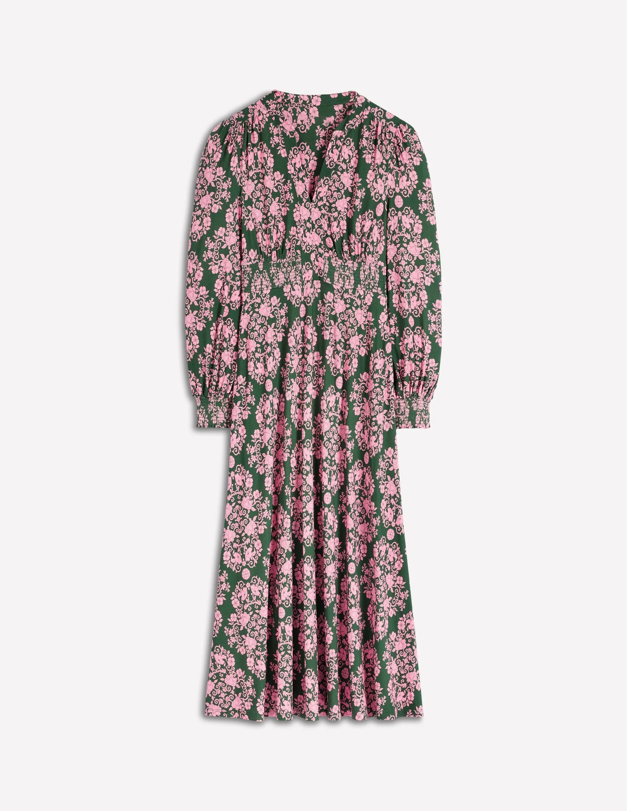 Ivy Smocked Midi Dress-Green, Ornamental Lattice Japanese Neat