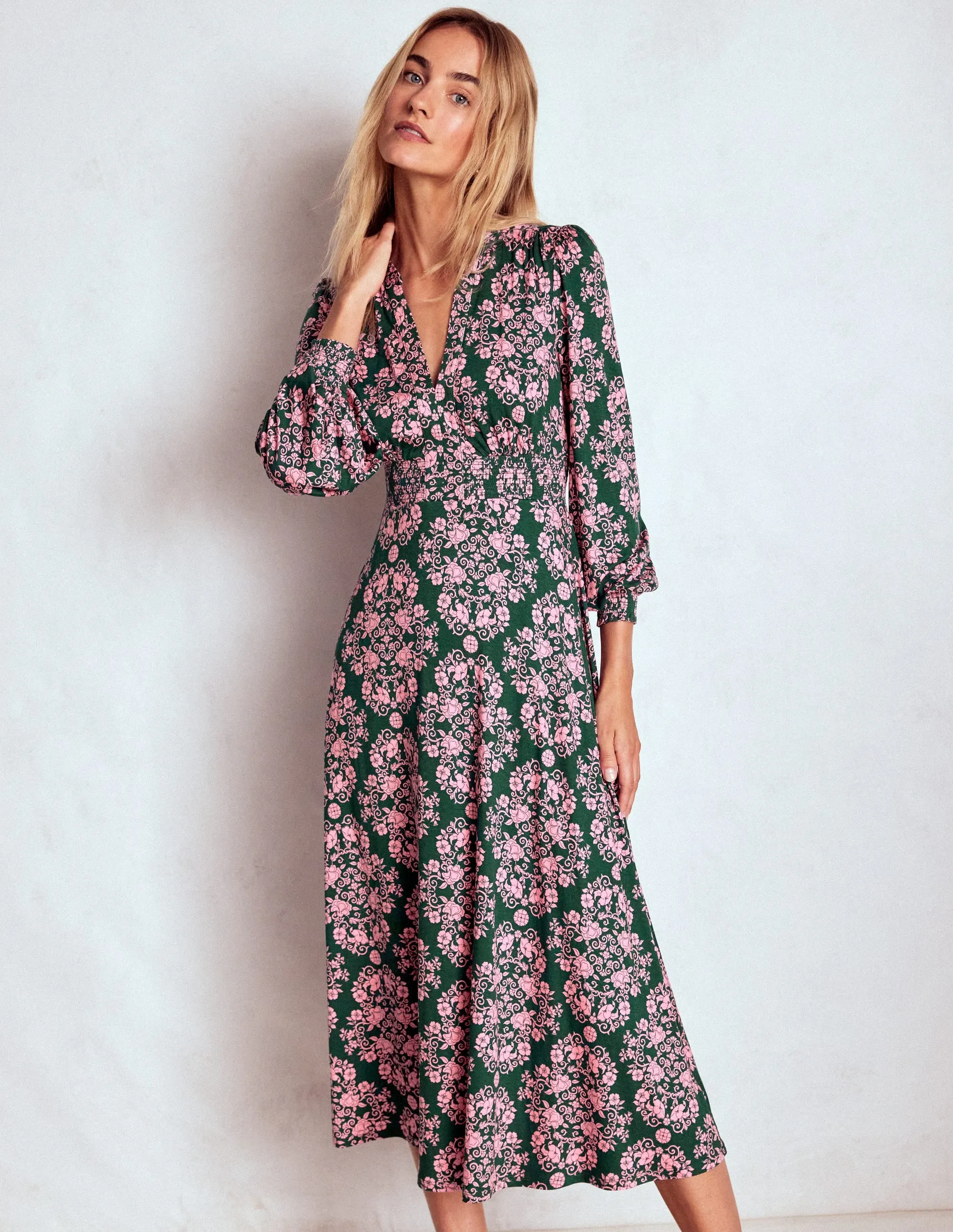 Ivy Smocked Midi Dress-Green, Ornamental Lattice Plus Fit Elegant Appearance