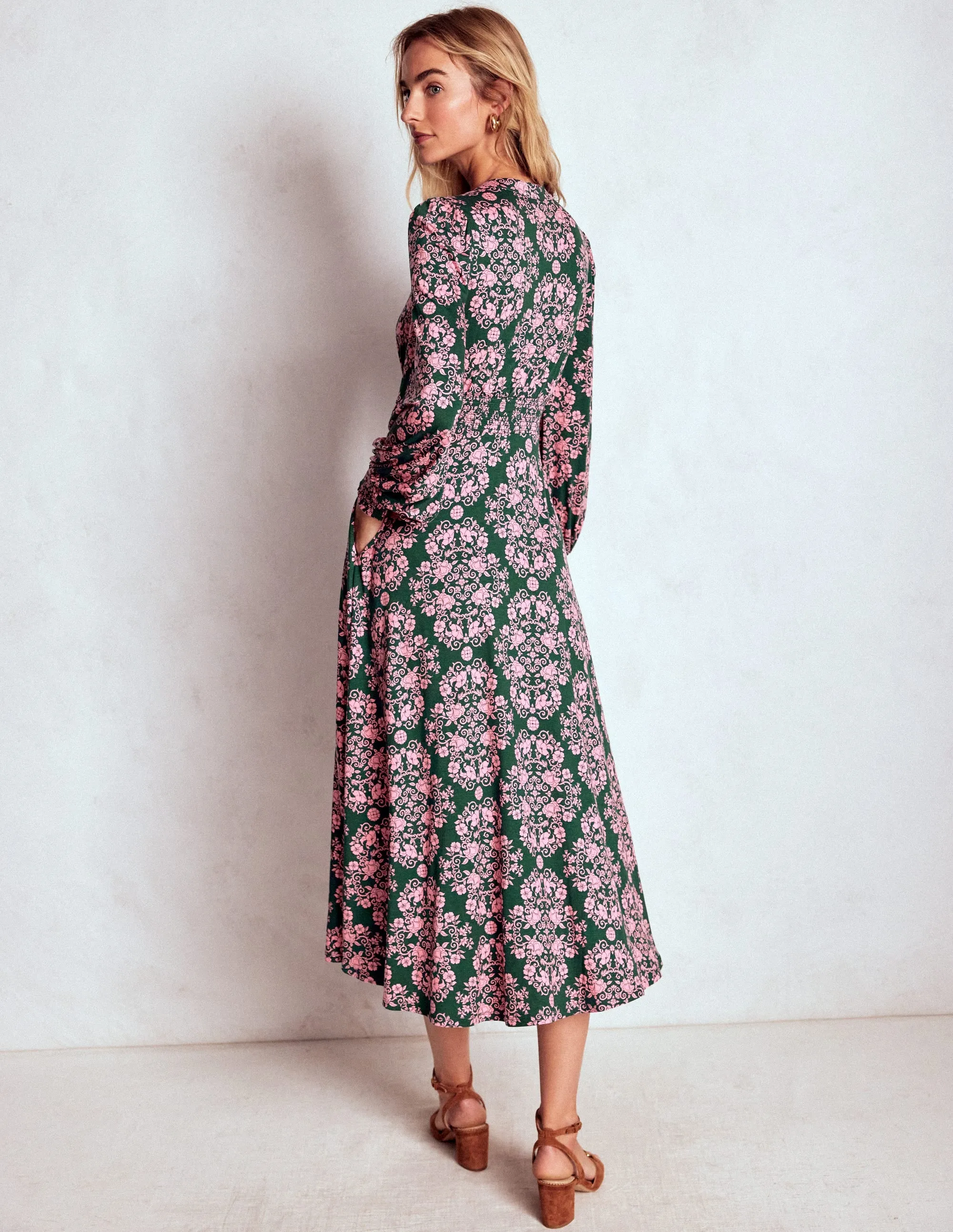 Mediterranean Cool Ivy Smocked Midi Dress-Green, Ornamental Lattice