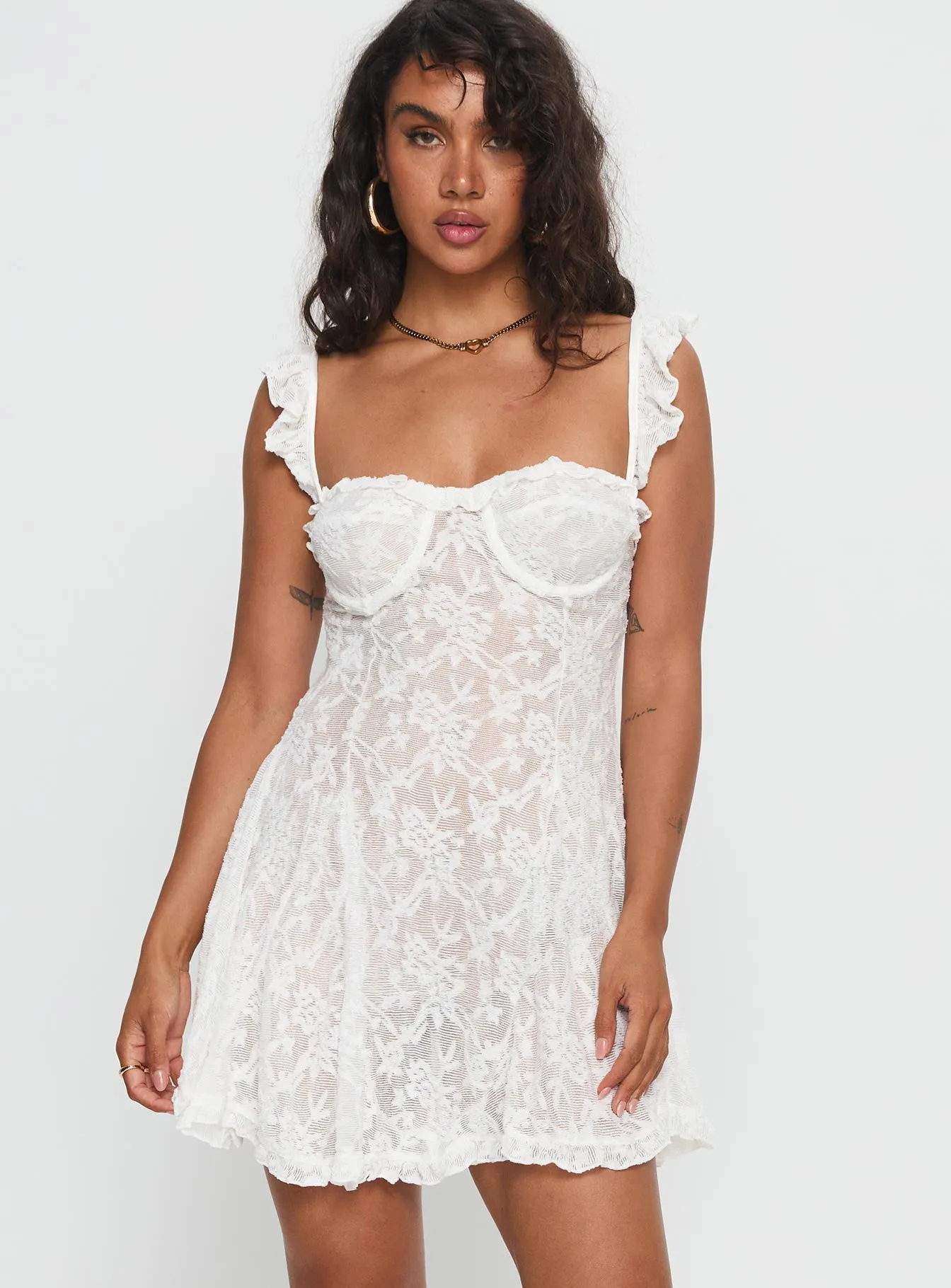 Mariea Lace Frill Mini Dress White Timeless playful piece