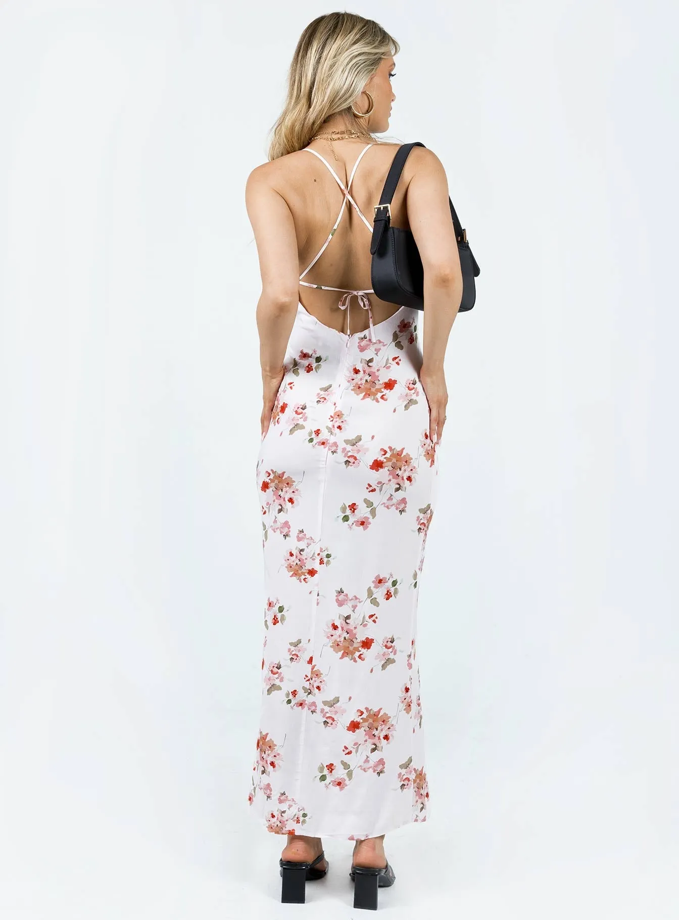 Palm Shade Fur Trim Amos Maxi Dress Pink Multi
