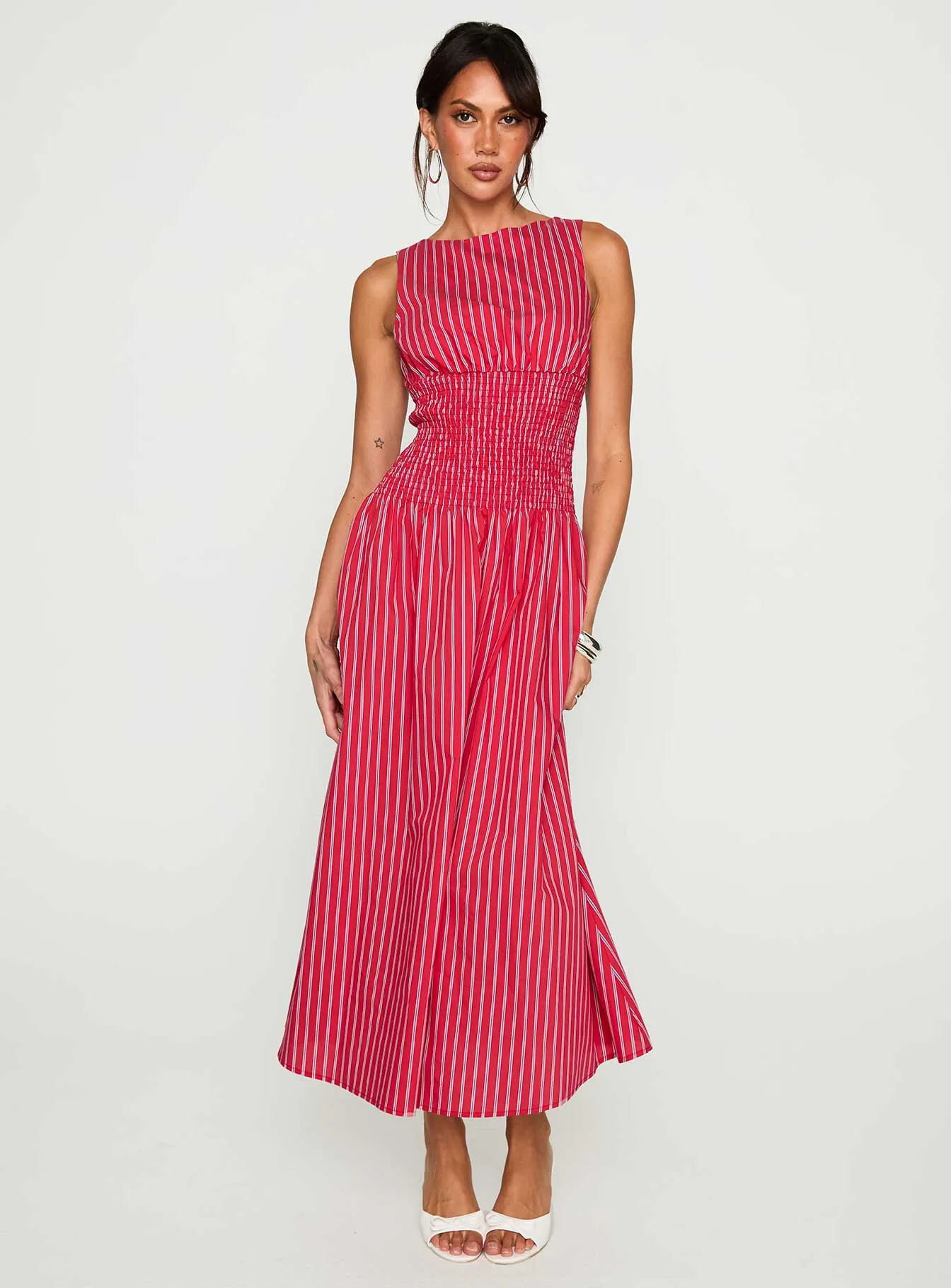 Lilienne Cotton Poplin Maxi Dress Red Stripe Leaf Glow Luxurious long dress