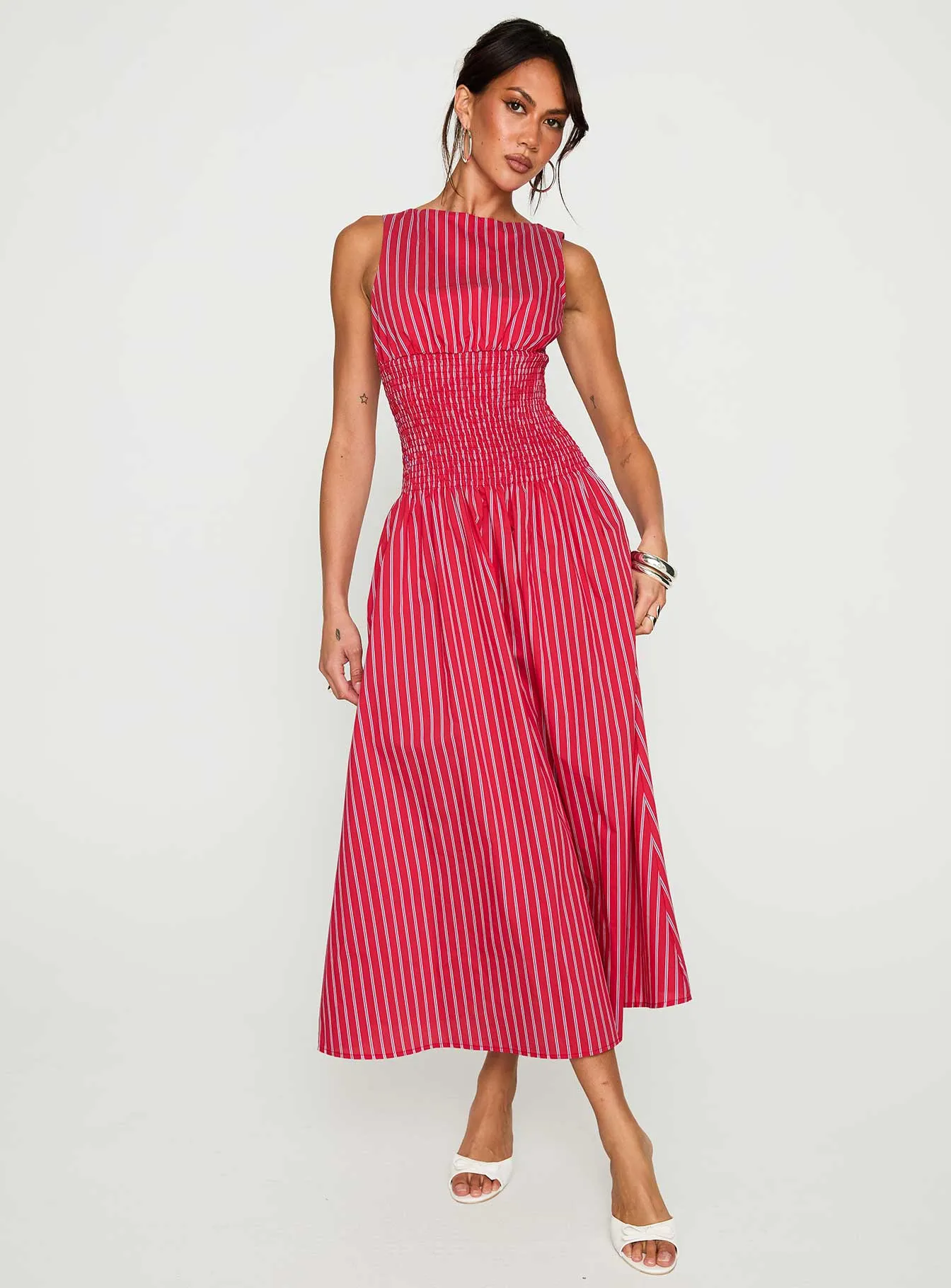 Silver Glow Lilienne Cotton Poplin Maxi Dress Red Stripe