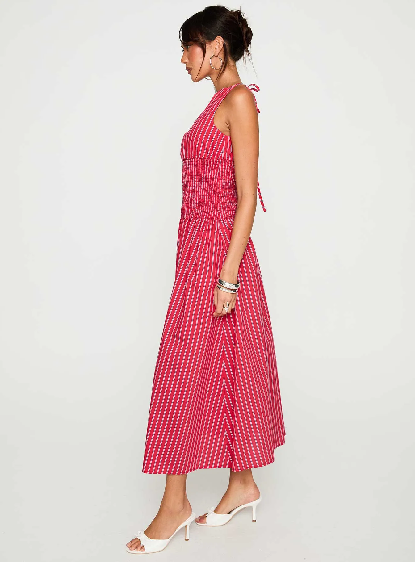 Olive Green Lilienne Cotton Poplin Maxi Dress Red Stripe