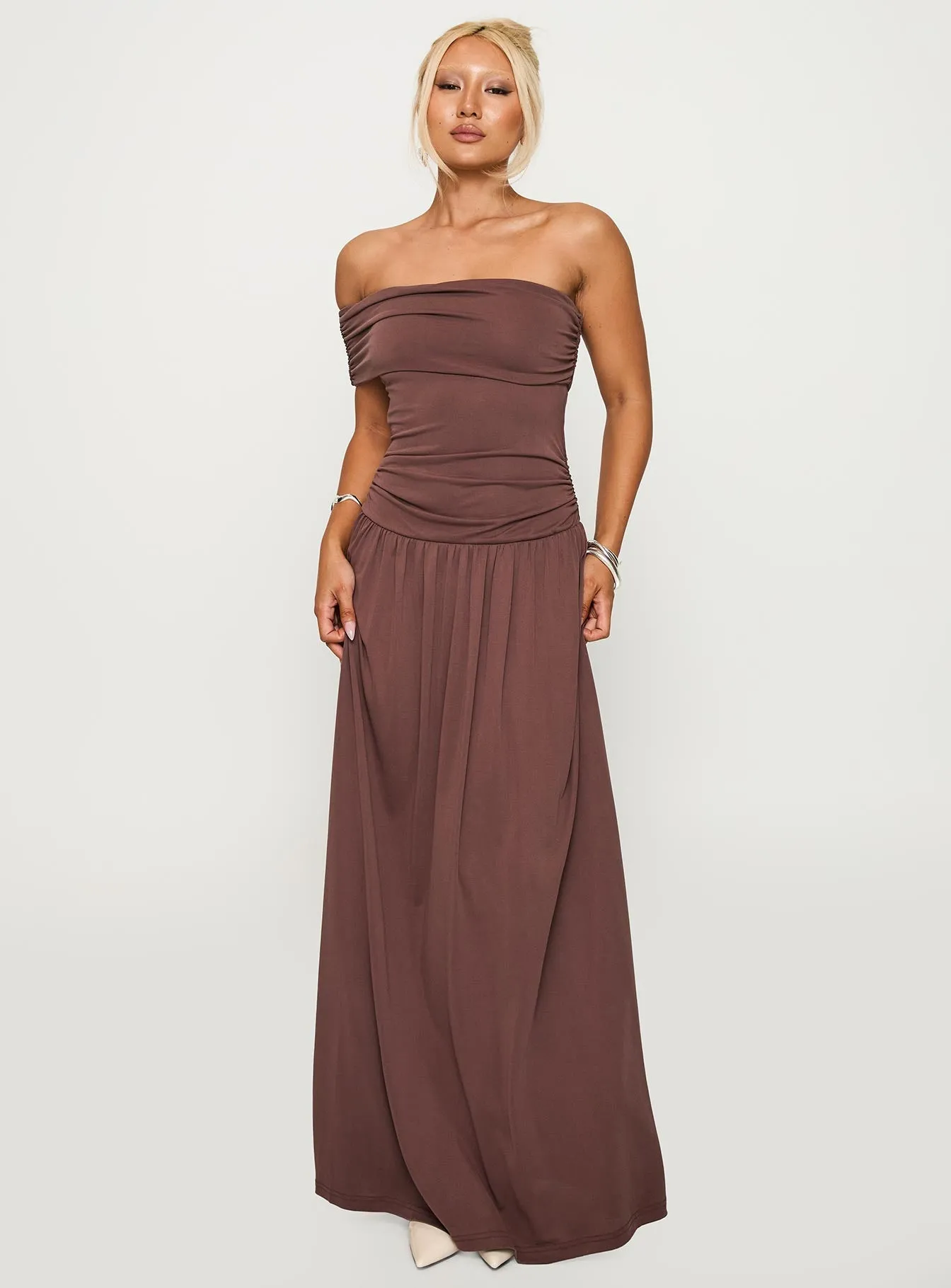 Decadence Strapless Maxi Dress Brown Its elegant silhouette adds a touch of sophistication to your everyday look
