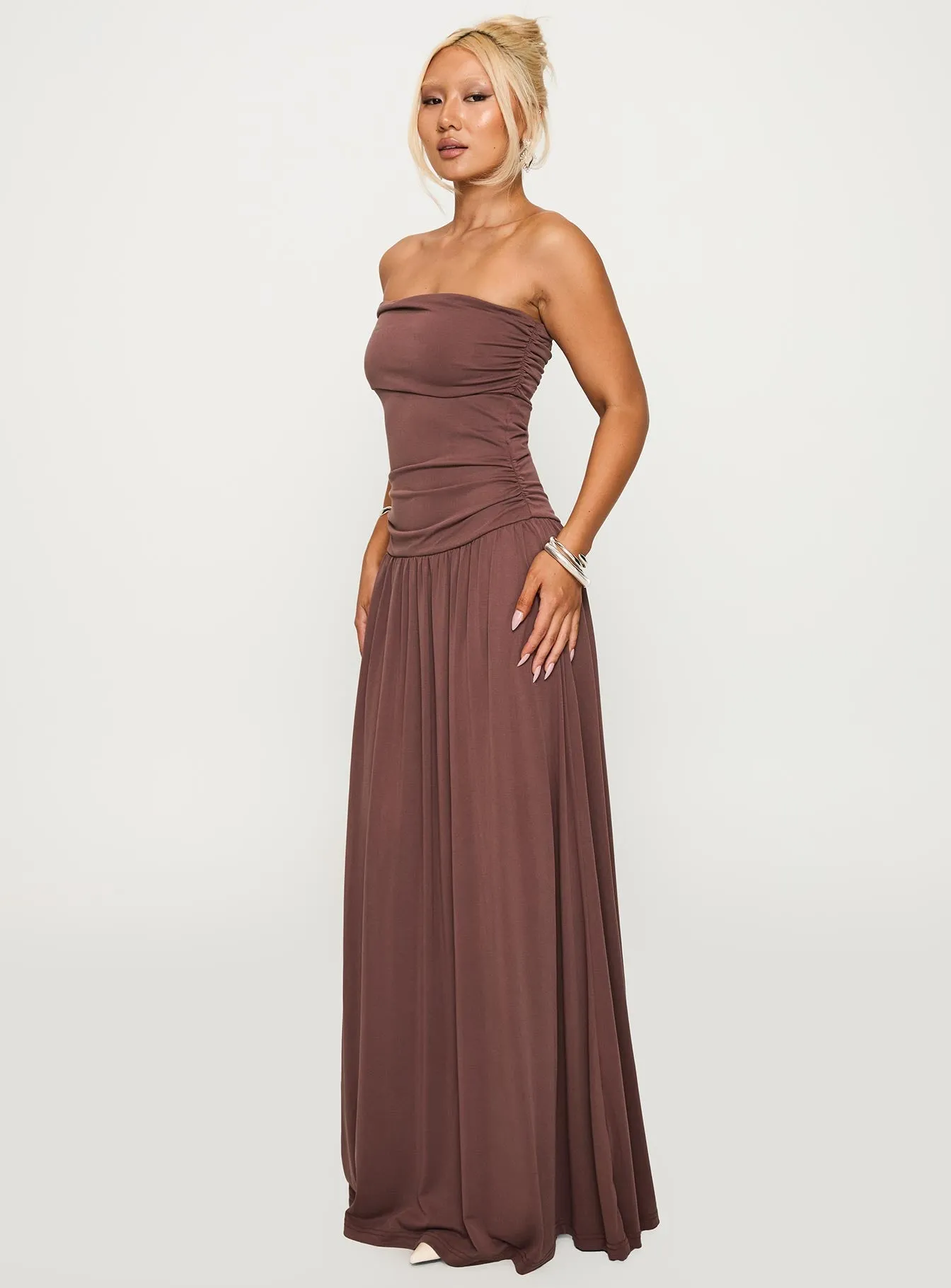 Decadence Strapless Maxi Dress Brown Gold Shine Happy Vibe