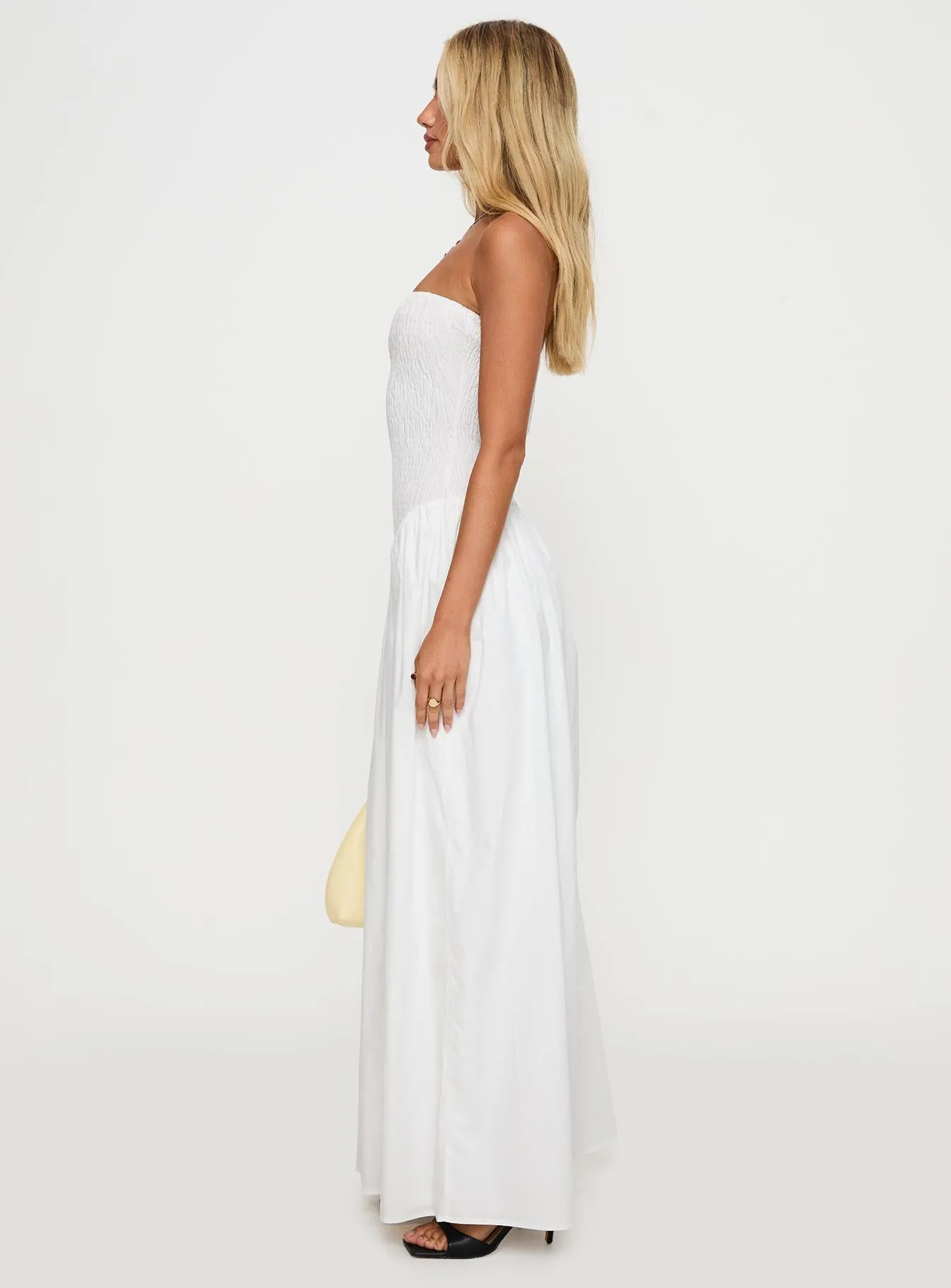 The flattering shape of this dress creates a beautiful silhouette that is perfect for all body types Percie Strapless Maxi Dress White