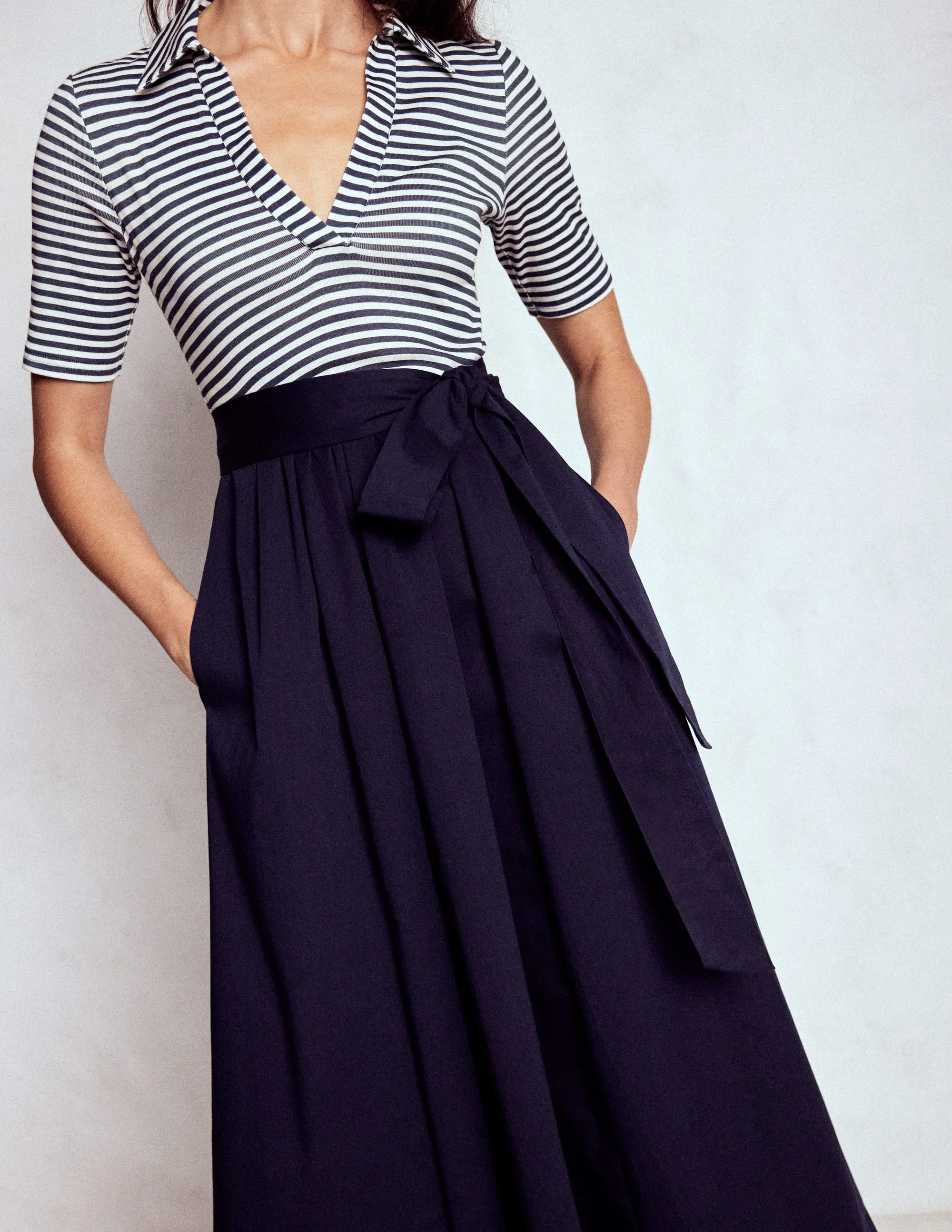 Casual Style Easy Style Collar Detail Mix Midi Dress-Navy, Ivory Stripe