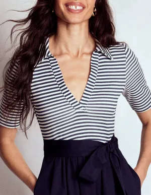 Dew Drop Lightweight and breezy gown Collar Detail Mix Midi Dress-Navy, Ivory Stripe