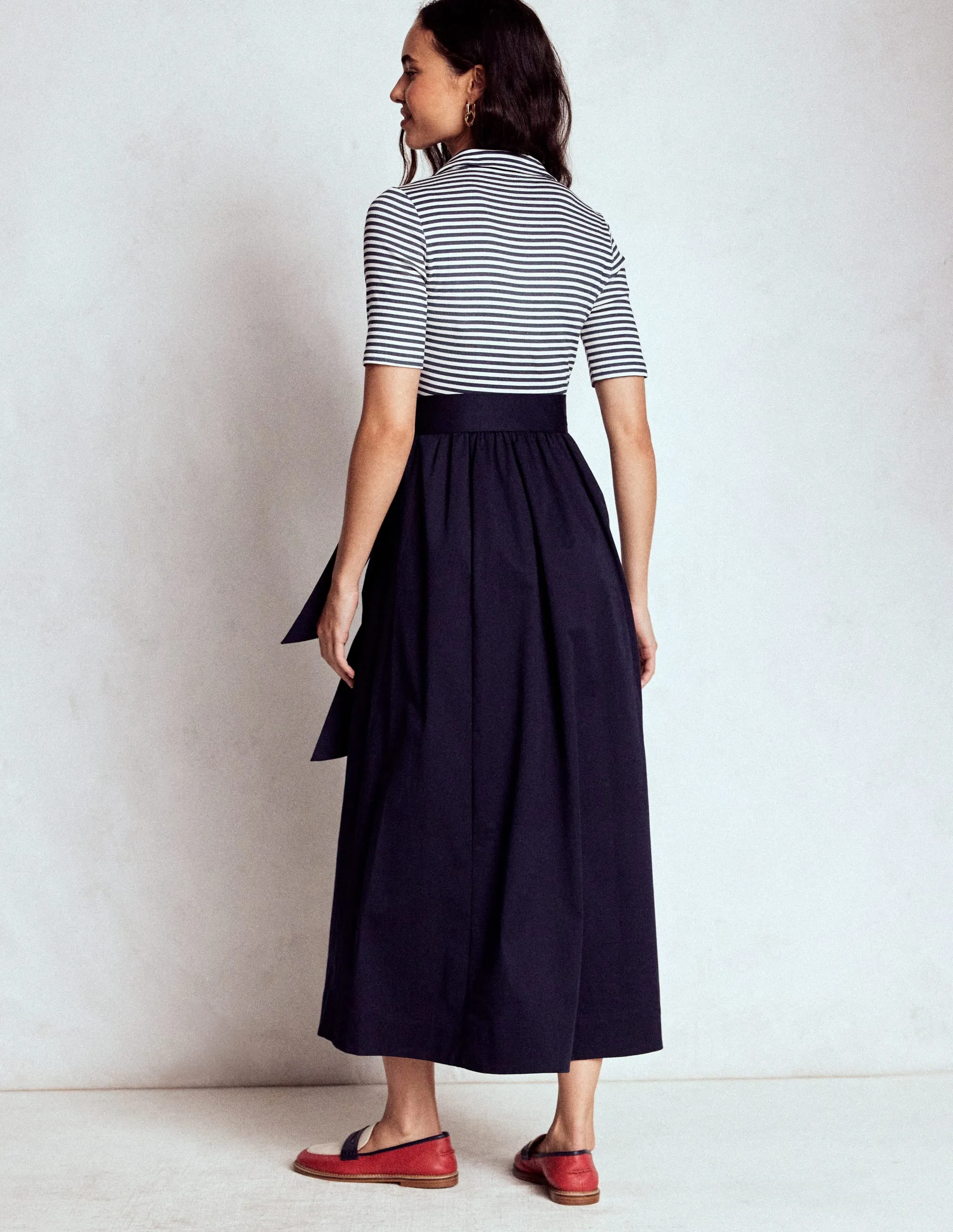 american casual Comfortable daytime dress Collar Detail Mix Midi Dress-Navy, Ivory Stripe
