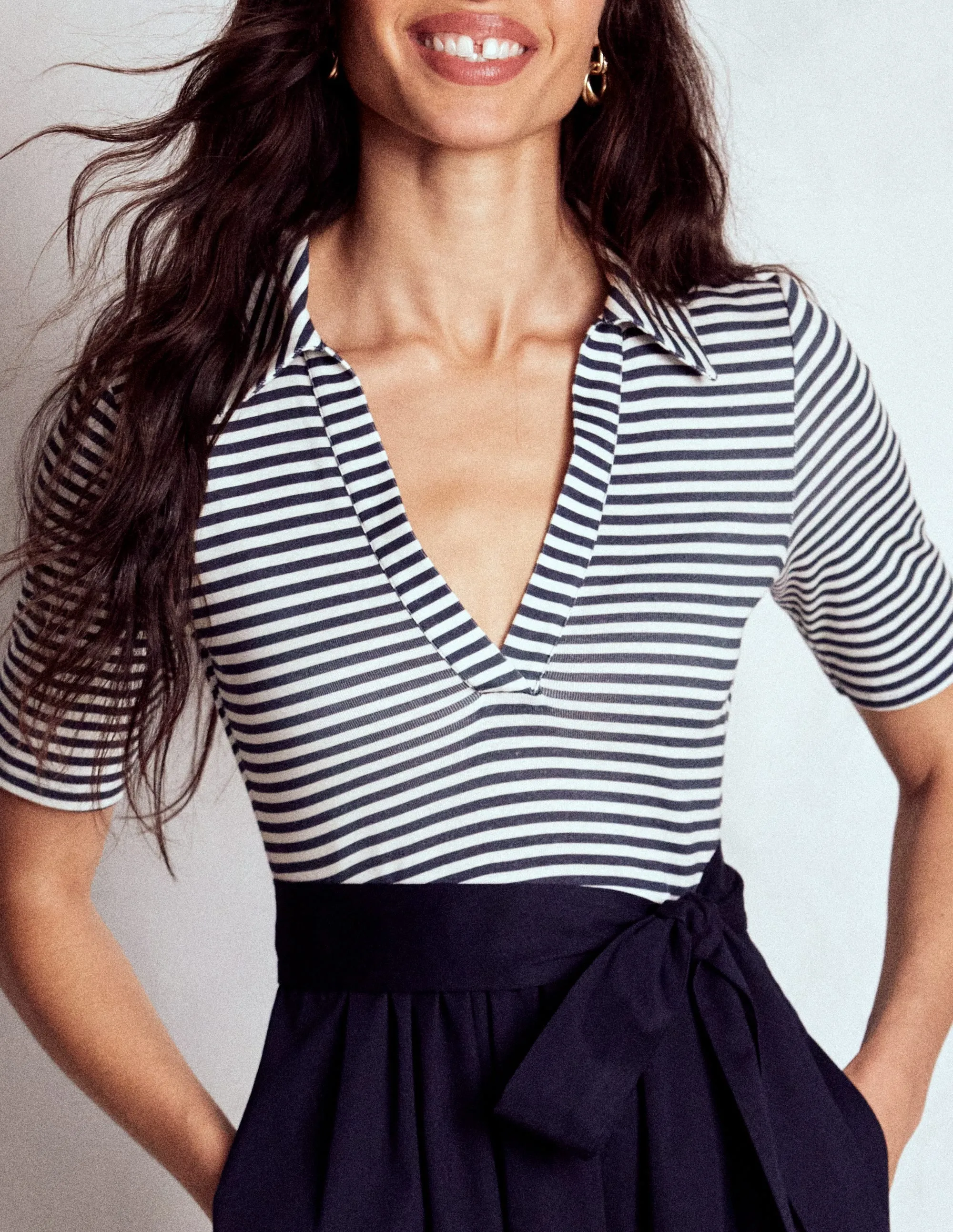 Dew Drop Lightweight and breezy gown Collar Detail Mix Midi Dress-Navy, Ivory Stripe