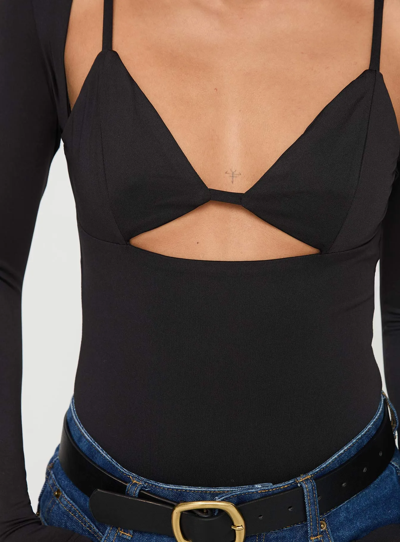 Soft Vacation New Fine Bolden Long Sleeve Bodysuit Black